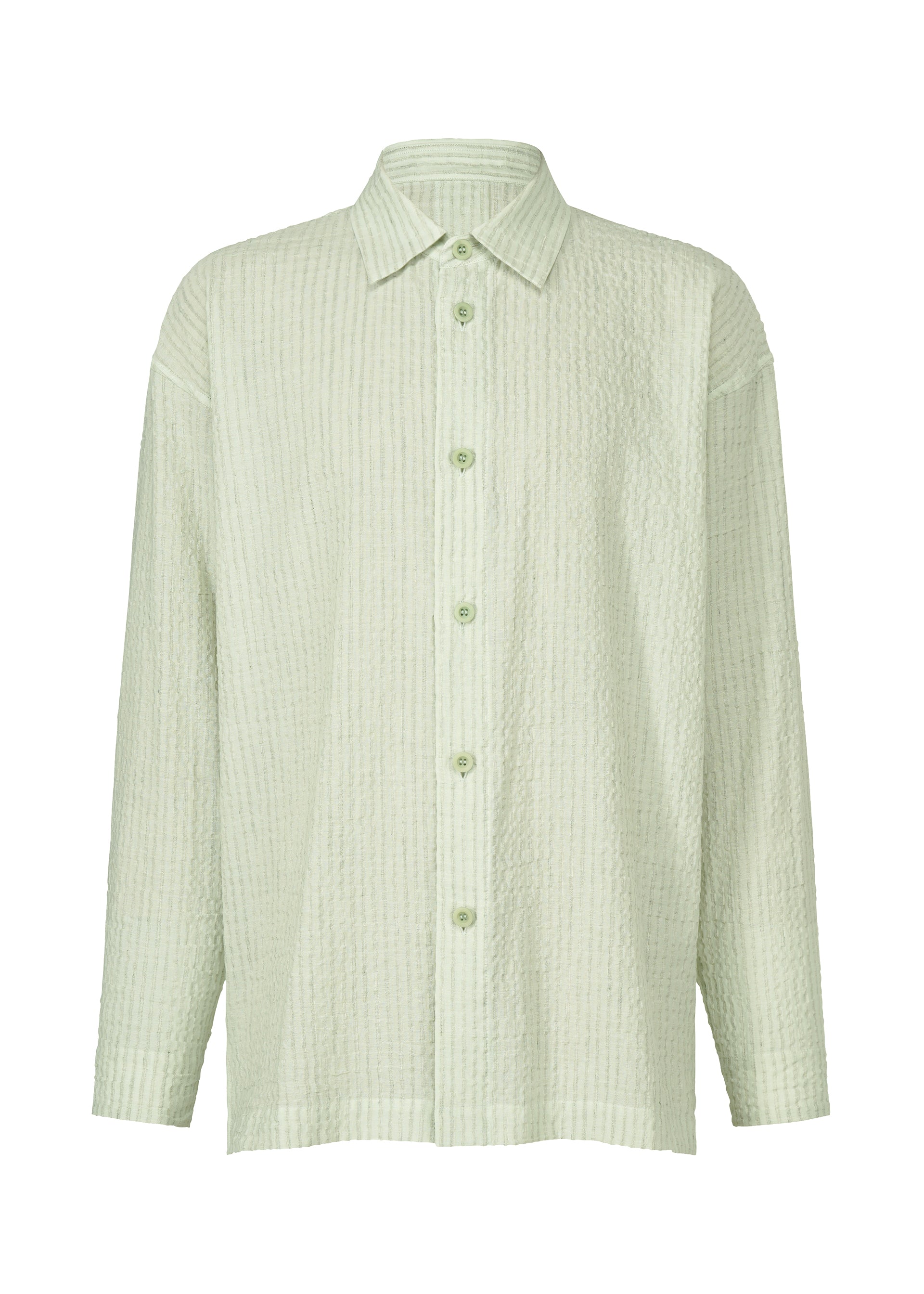 Zoomed view The IM MEN STRIPE LINEN SHRINK is a light green long-sleeve shirt made from textured, slightly crinkled linen with a classic collar, shown against a plain white background. - SAGE GREEN （no.66）