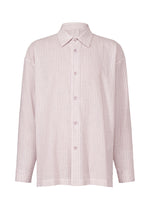 The STRIPE LINEN SHRINK by IM MEN is a light pink, long-sleeved striped shirt with a subtle vertical texture and classic collar, made for breathability. Shown against a white background. - LIGHT PURPLE （no.80）