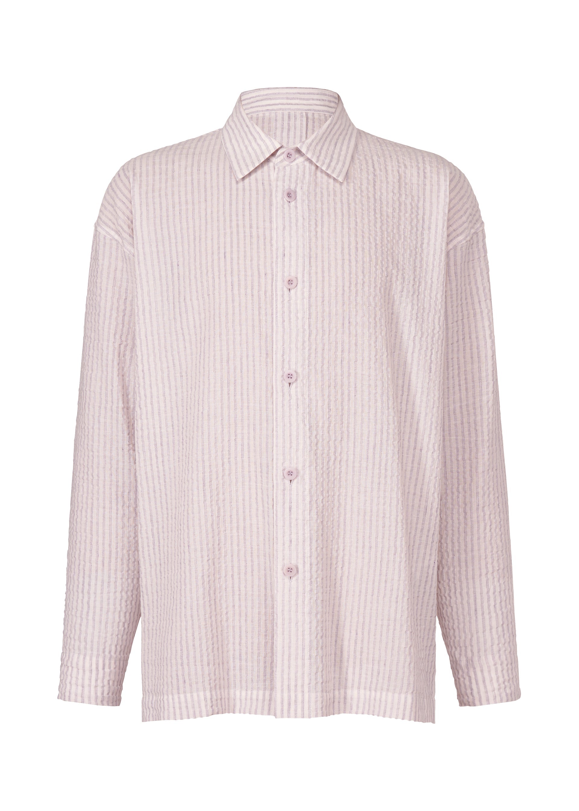 Zoomed view The STRIPE LINEN SHRINK by IM MEN is a light pink, long-sleeved striped shirt with a subtle vertical texture and classic collar, made for breathability. Shown against a white background. - LIGHT PURPLE （no.80）