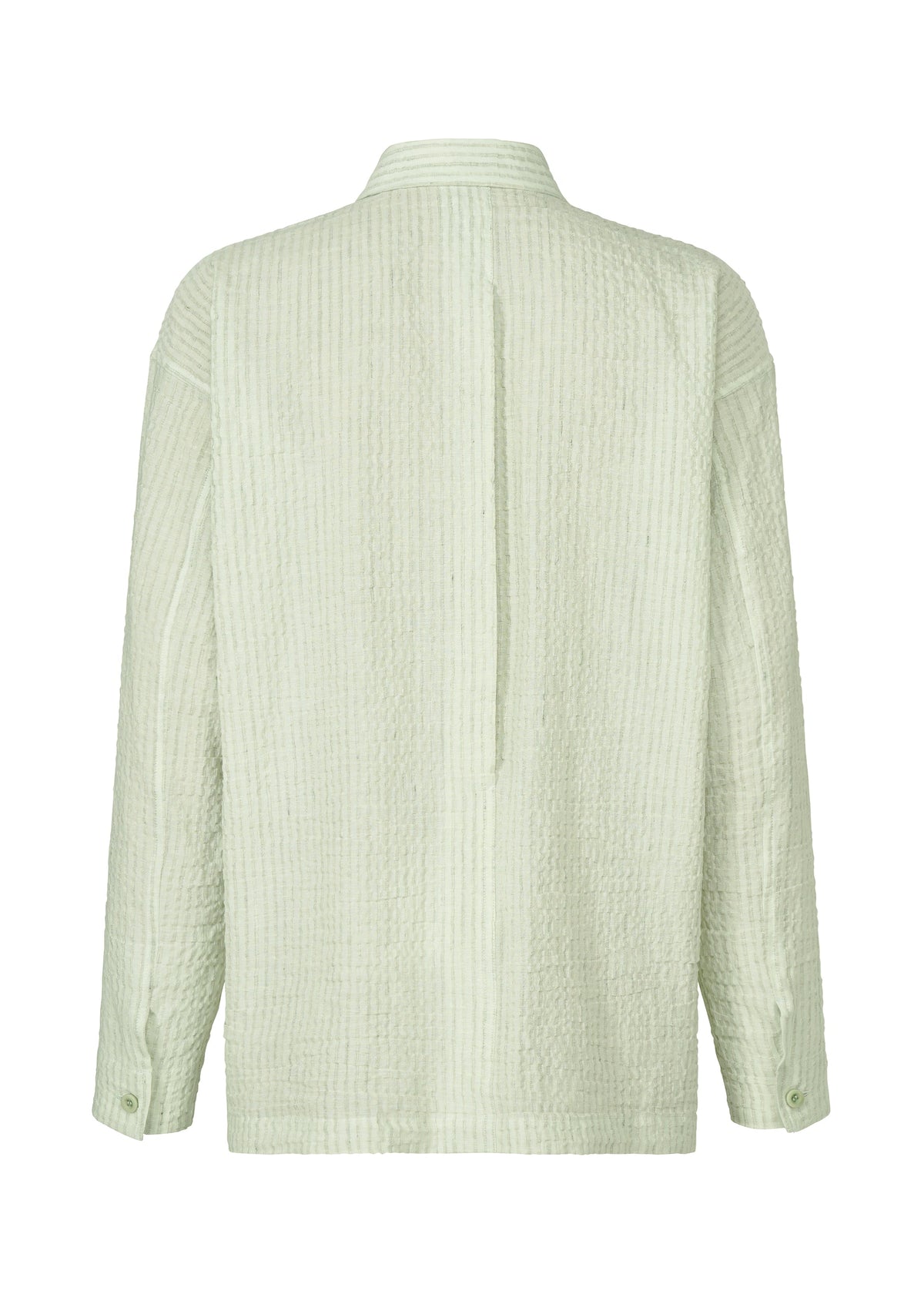The IM MEN STRIPE LINEN SHRINK shirt in light green features a subtle vertical stripe, straight hem, buttoned cuffs, and a small central back seam. Made from textured, breathable linen. Shown from the back. view 4 of 9