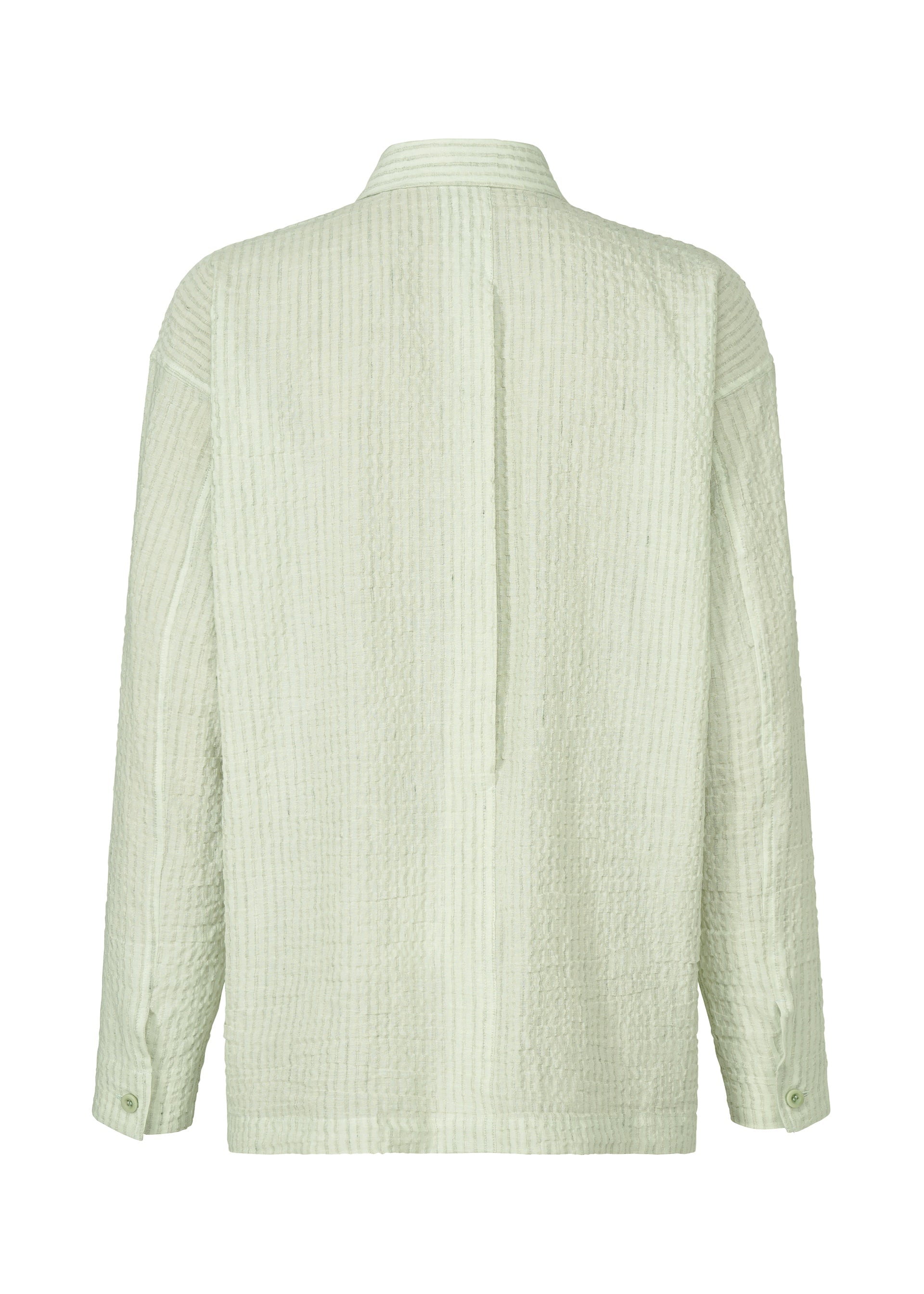 Zoomed view The IM MEN STRIPE LINEN SHRINK shirt in light green features a subtle vertical stripe, straight hem, buttoned cuffs, and a small central back seam. Made from textured, breathable linen. Shown from the back.