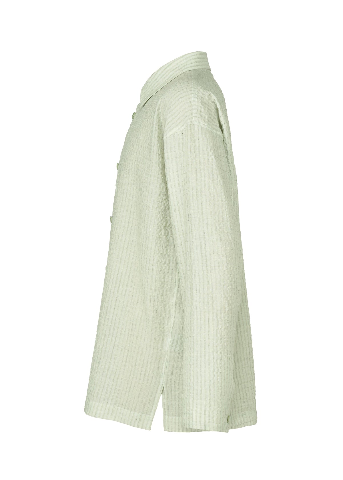 The IM MEN STRIPE LINEN SHRINK shirt in light green is shown from the side. This breathable, long-sleeve shirt features a straight hem with small side slits and a subtle stripe texture for added style. view 5 of 9