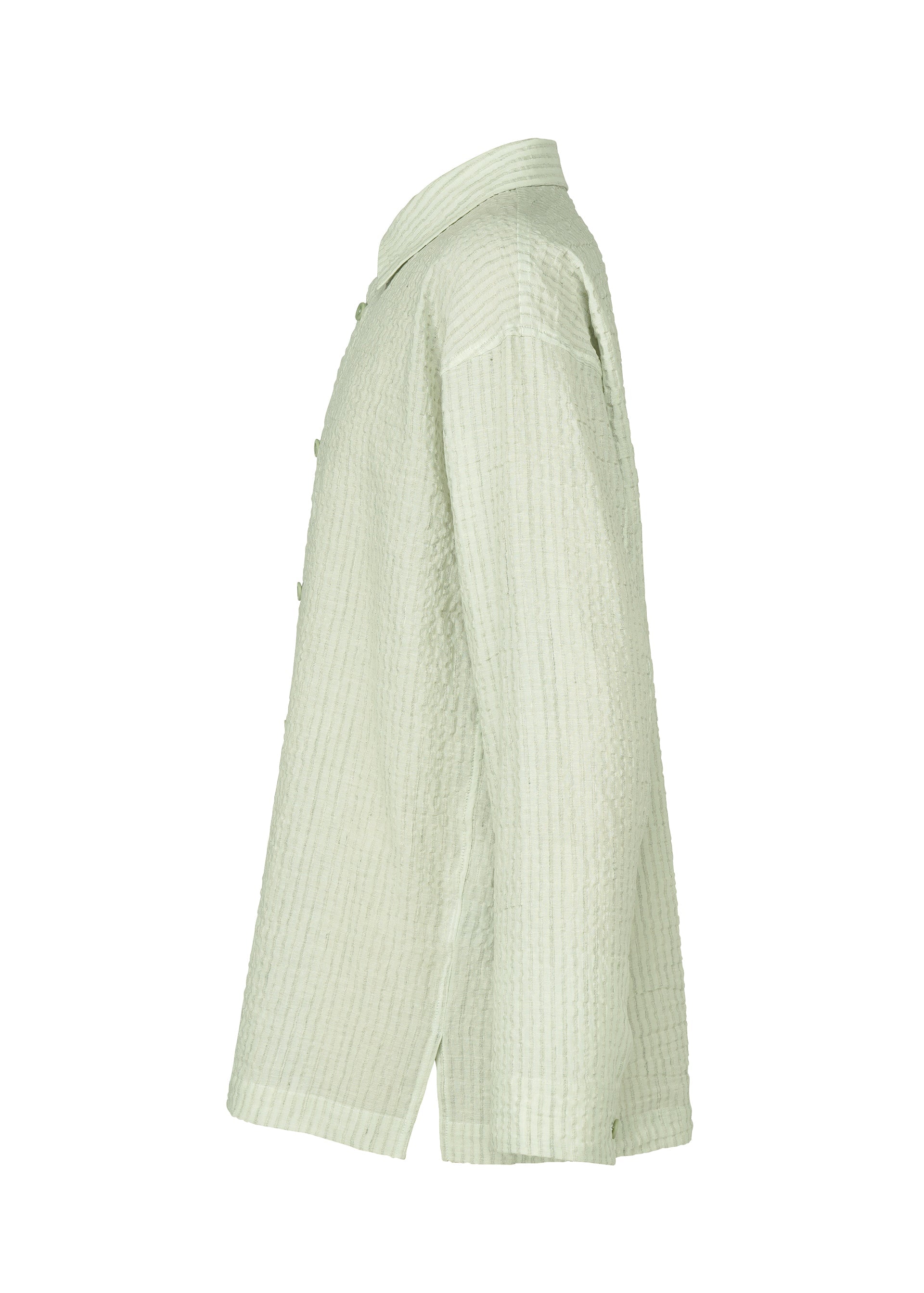 Zoomed view The IM MEN STRIPE LINEN SHRINK shirt in light green is shown from the side. This breathable, long-sleeve shirt features a straight hem with small side slits and a subtle stripe texture for added style.