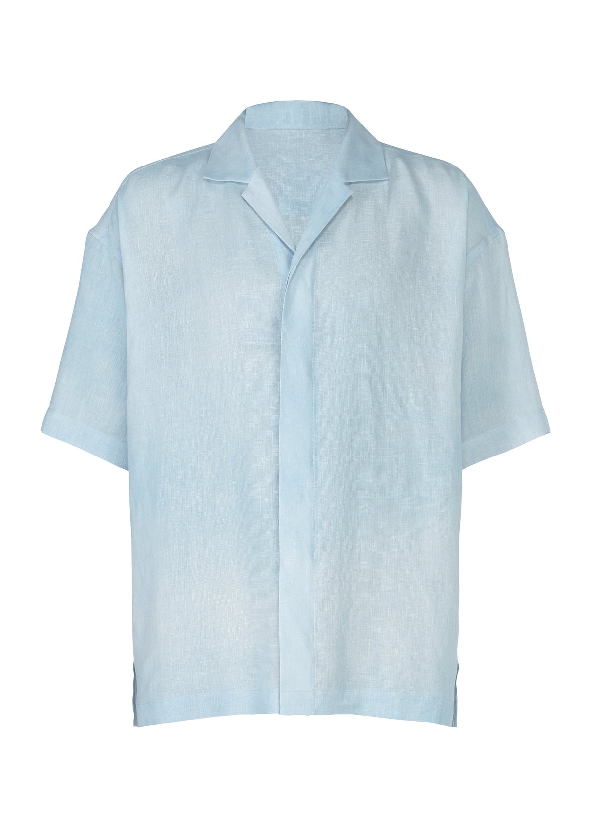 The FLOATING LINEN shirt by IM MEN is a light blue, short-sleeve, button-up blended linen with a relaxed fit and notched collar, shown on a plain white background. view 1 of 9