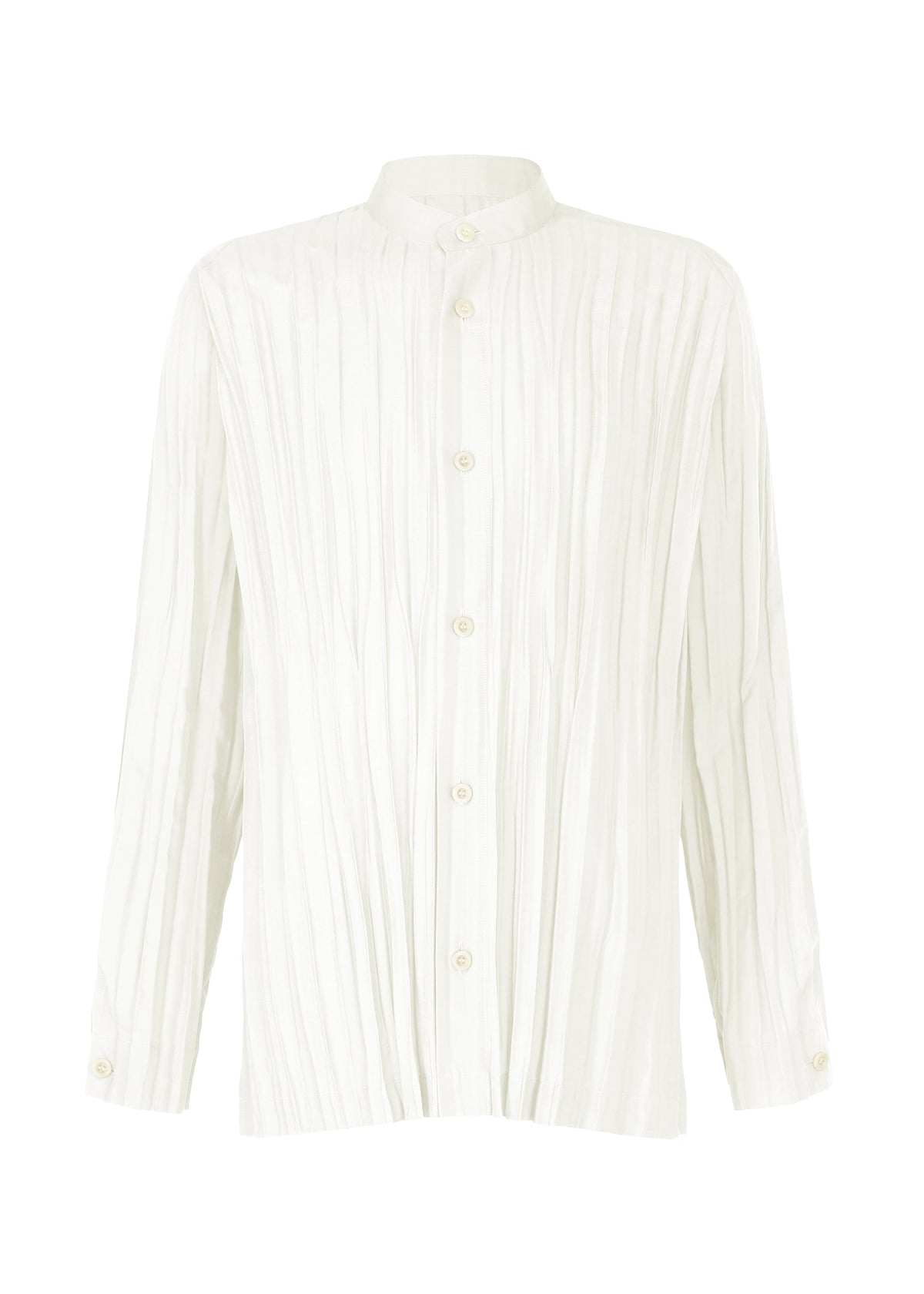 The WRINKLE SHIRT by IM MEN is a long-sleeved, white button-up with a mandarin collar, unique creased finish, and textured pleats. Crafted from recycled polyester for minimalist, effortless style. view 1 of 9
