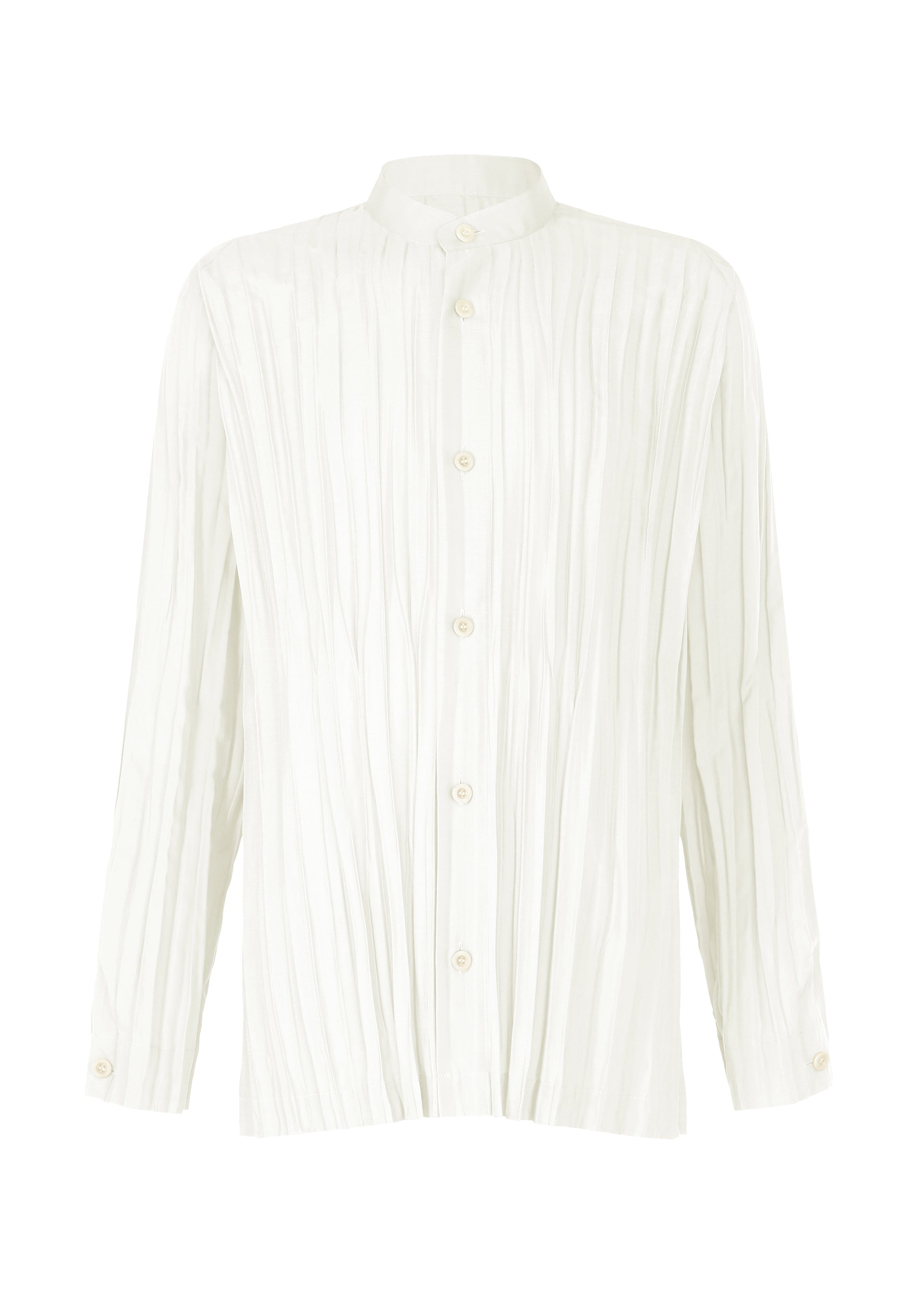 Zoomed view The WRINKLE SHIRT by IM MEN is a long-sleeved, white button-up with a mandarin collar, unique creased finish, and textured pleats. Crafted from recycled polyester for minimalist, effortless style. - OFF-WHITE (no.02)
