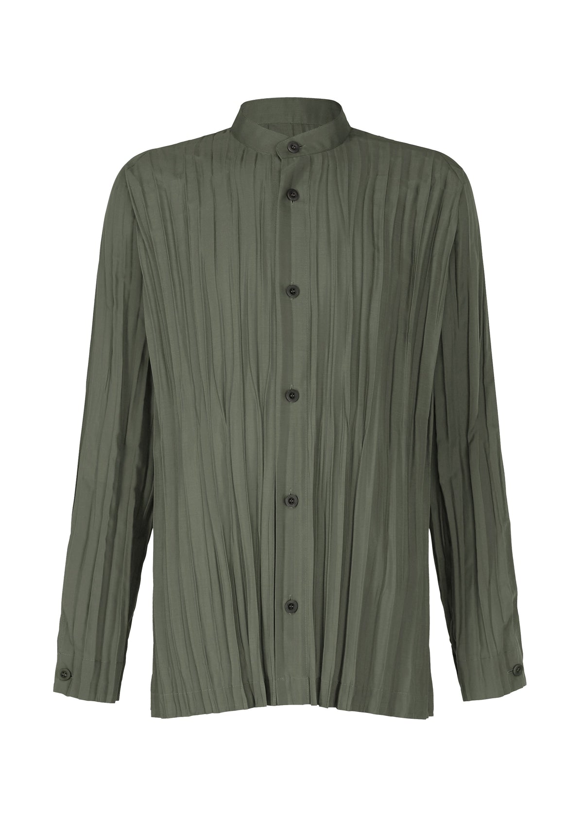 The IM MEN WRINKLE SHIRT is a long-sleeved, olive green button-up with a mandarin collar and creased finish, made from recycled polyester. Features black buttons on the front and cuffs. view 2 of 9