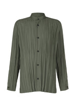 The IM MEN WRINKLE SHIRT is a long-sleeved, olive green button-up with a mandarin collar and creased finish, made from recycled polyester. Features black buttons on the front and cuffs. - CHARCOAL GRAY (no.13)