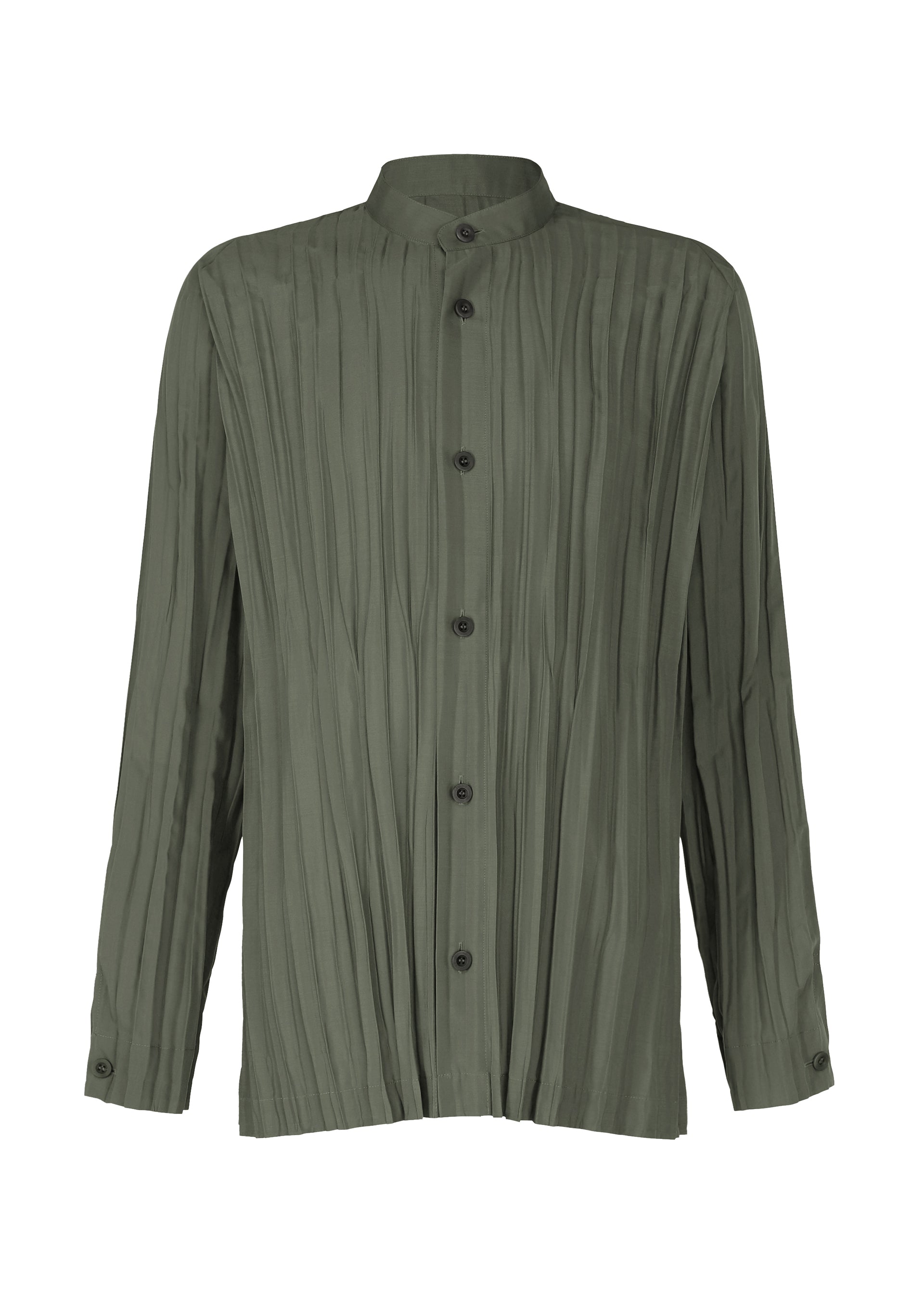 Zoomed view The IM MEN WRINKLE SHIRT is a long-sleeved, olive green button-up with a mandarin collar and creased finish, made from recycled polyester. Features black buttons on the front and cuffs. - CHARCOAL GRAY (no.13)