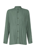 The IM MEN WRINKLE SHIRT is a long-sleeved, sage green button-up with a mandarin collar, crafted from recycled polyester and featuring pleated, textured fabric with a unique creased finish. - BLUE  GRAY (no.16)