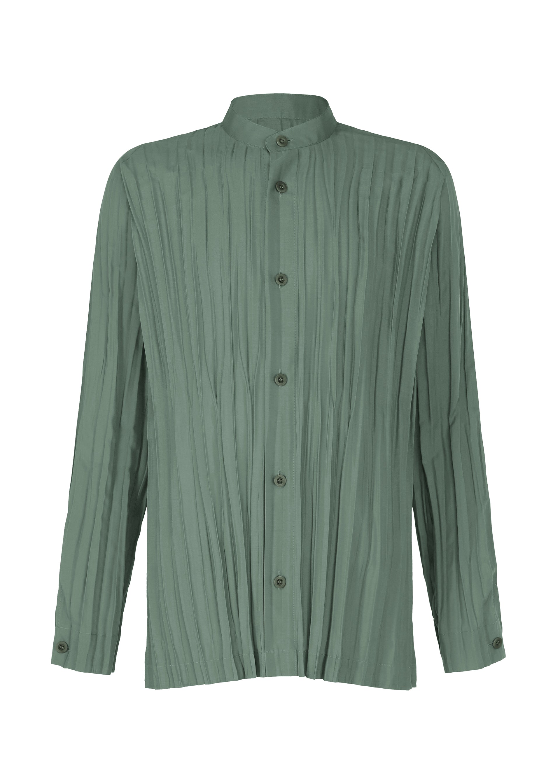 Zoomed view The IM MEN WRINKLE SHIRT is a long-sleeved, sage green button-up with a mandarin collar, crafted from recycled polyester and featuring pleated, textured fabric with a unique creased finish. - BLUE  GRAY (no.16)