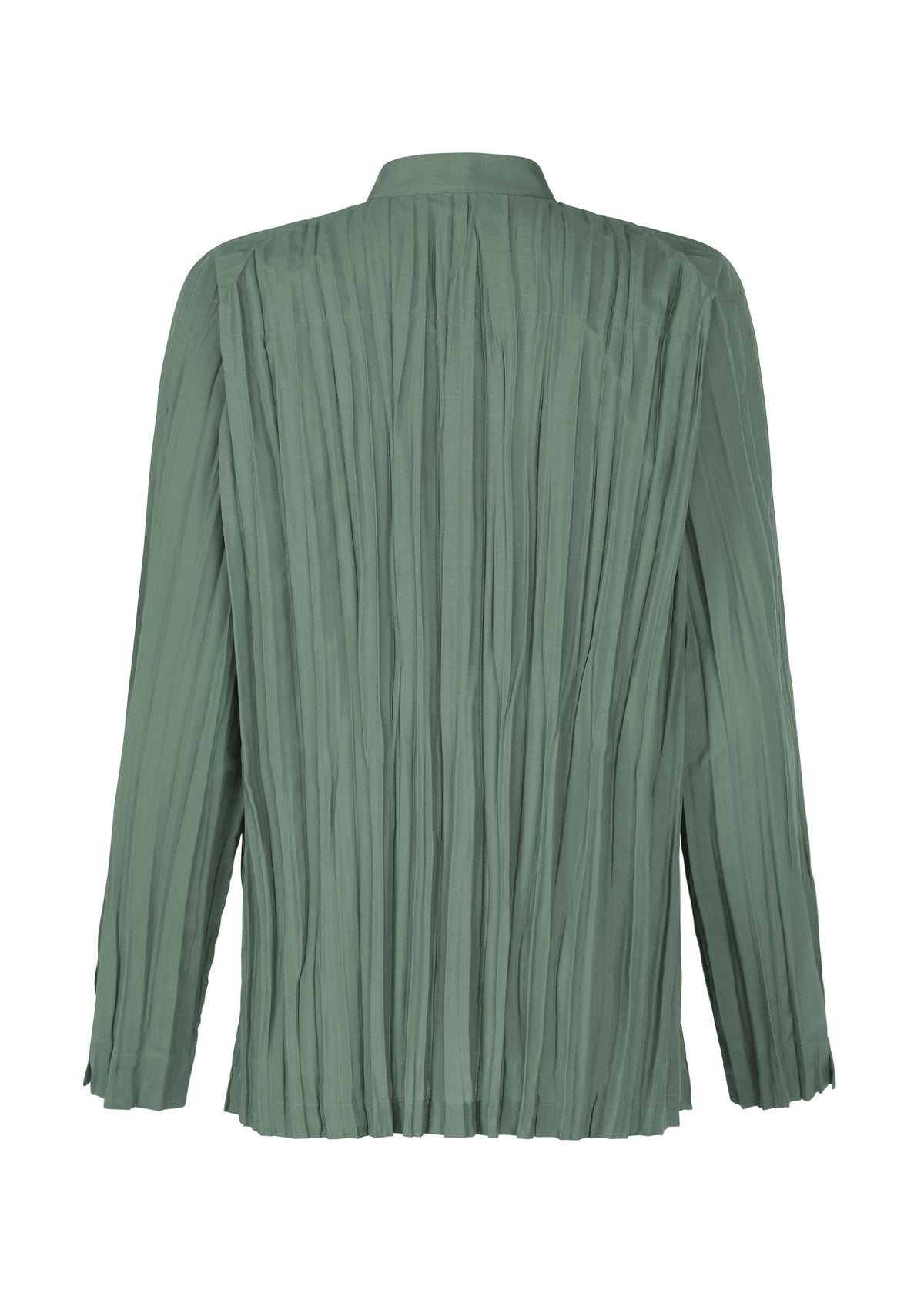 Back view of the IM MEN WRINKLE SHIRT—a loose-fit, long-sleeved sage green blouse with a collar and unique creased finish, made from recycled polyester. view 4 of 9