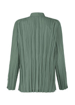 Back view of the IM MEN WRINKLE SHIRT—a loose-fit, long-sleeved sage green blouse with a collar and unique creased finish, made from recycled polyester.