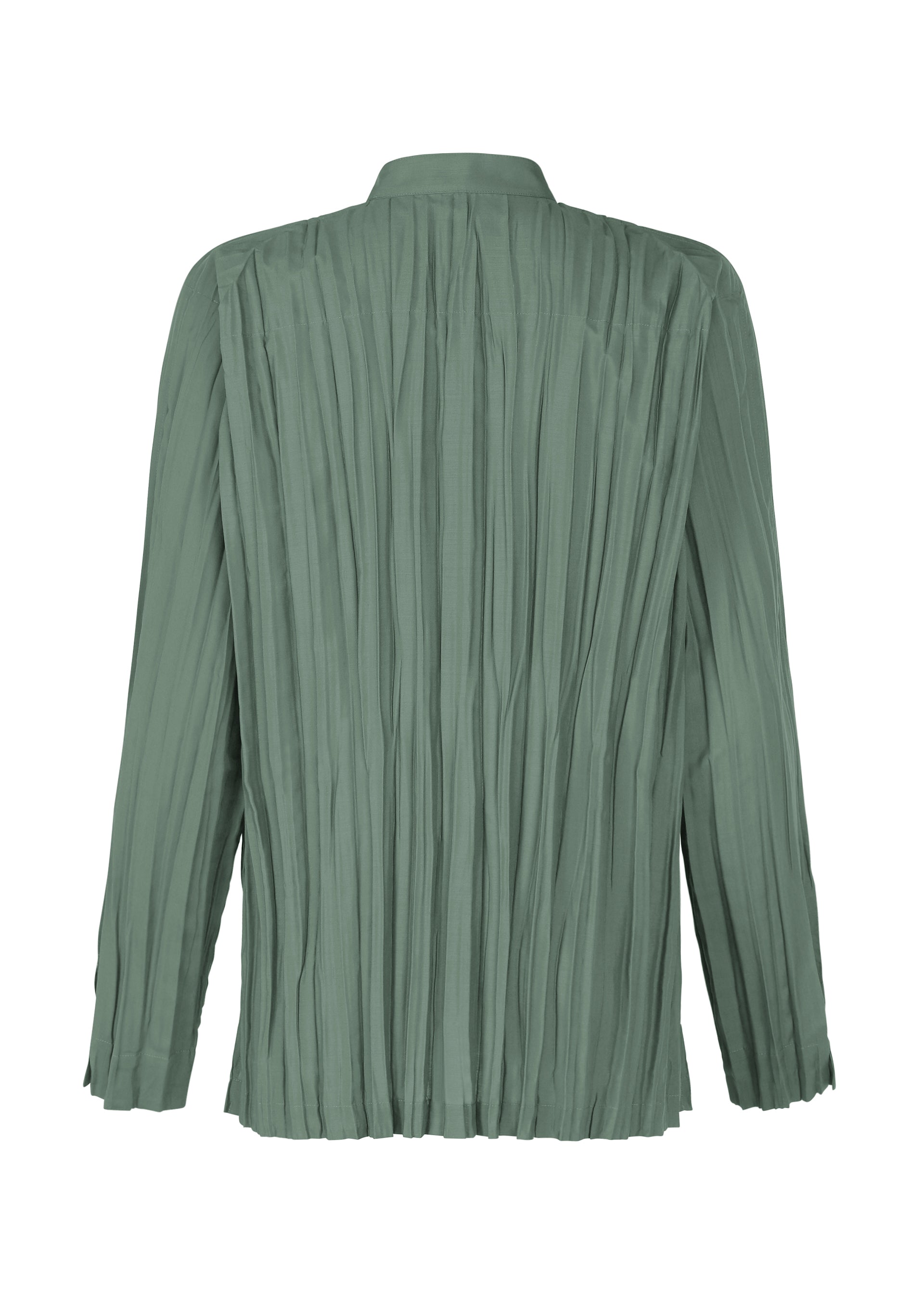 Zoomed view Back view of the IM MEN WRINKLE SHIRT—a loose-fit, long-sleeved sage green blouse with a collar and unique creased finish, made from recycled polyester.