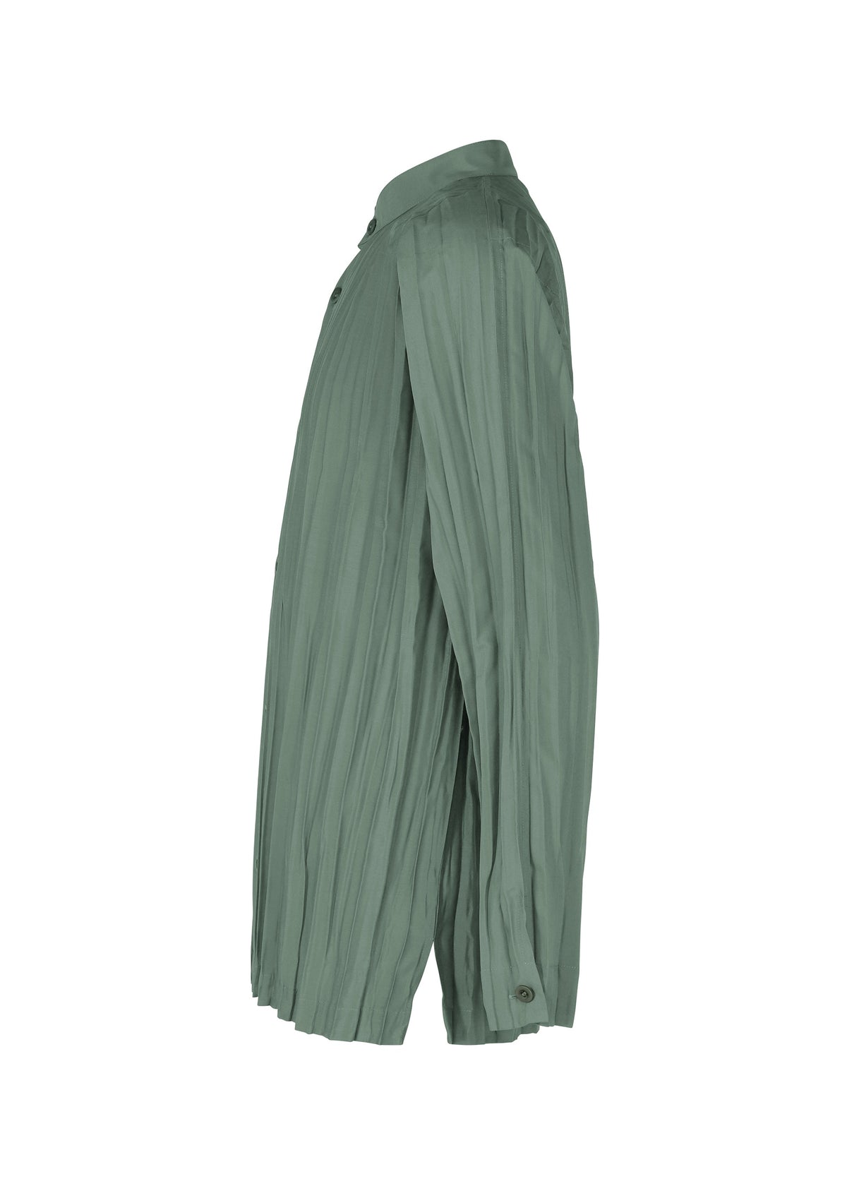 Side view of the IM MEN WRINKLE SHIRT: a long-sleeved, light green recycled polyester shirt with a collar, buttoned cuffs, and distinctive creased finish, shown against a white background. view 5 of 9