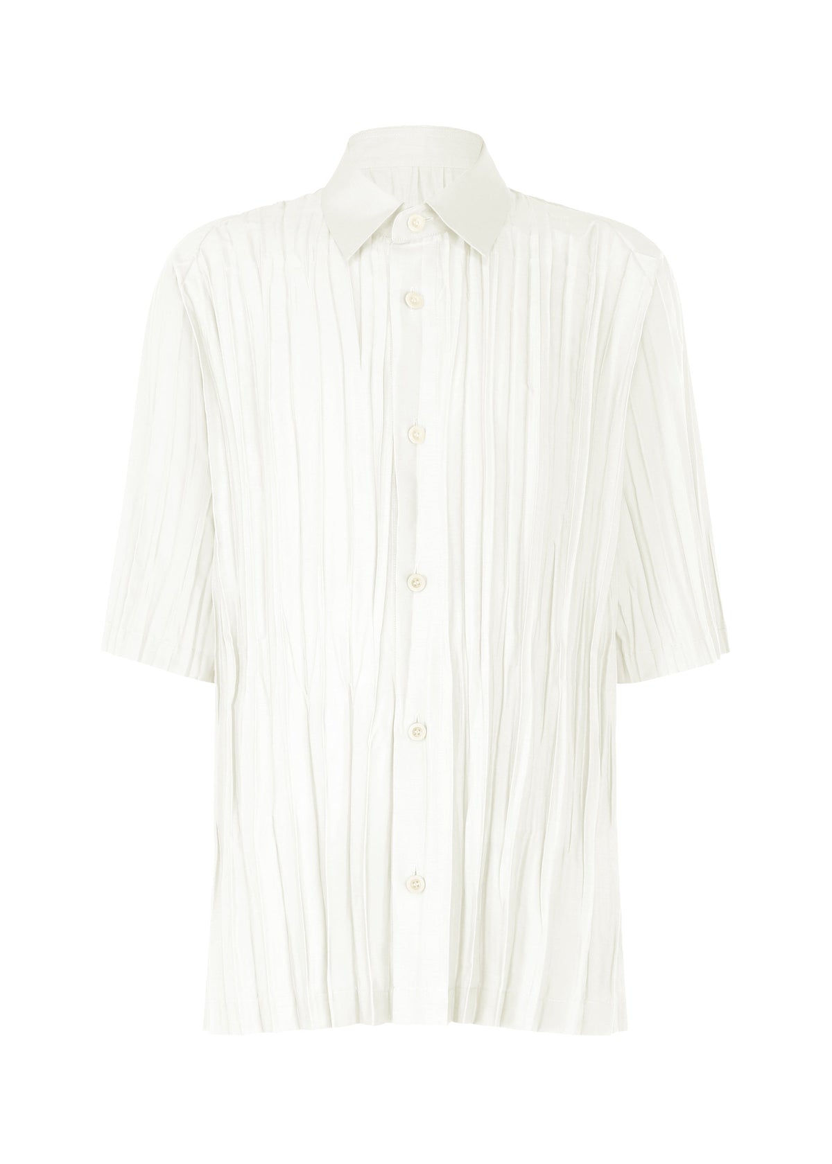 The IM MEN WRINKLE SHIRT is a short-sleeved, white button-up made from recycled polyester with a pleated texture and classic collar, shown on a plain white background. view 1 of 9