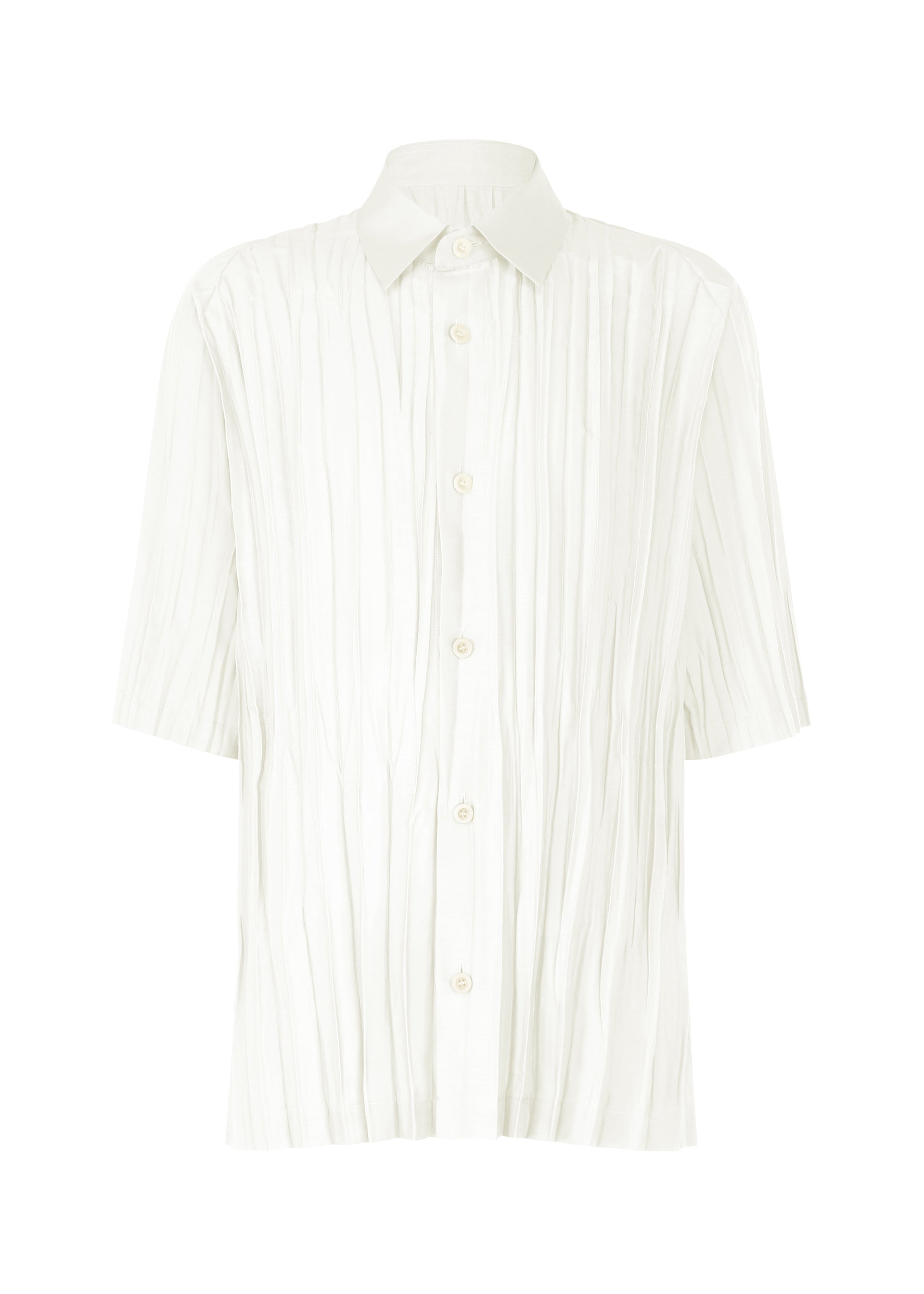Zoomed view The IM MEN WRINKLE SHIRT is a short-sleeved, white button-up made from recycled polyester with a pleated texture and classic collar, shown on a plain white background. - OFF-WHITE （no.02）