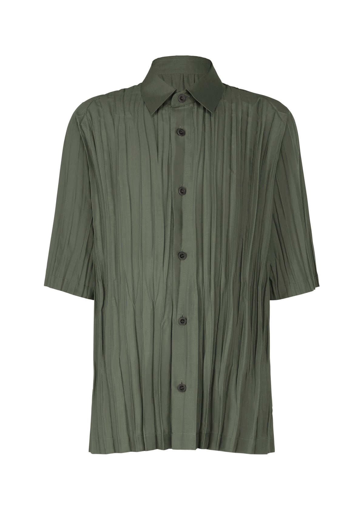 The IM MEN WRINKLE SHIRT is a short-sleeved, button-up olive green shirt with a classic collar and crinkled textured fabric, shown on a plain white background. view 2 of 9