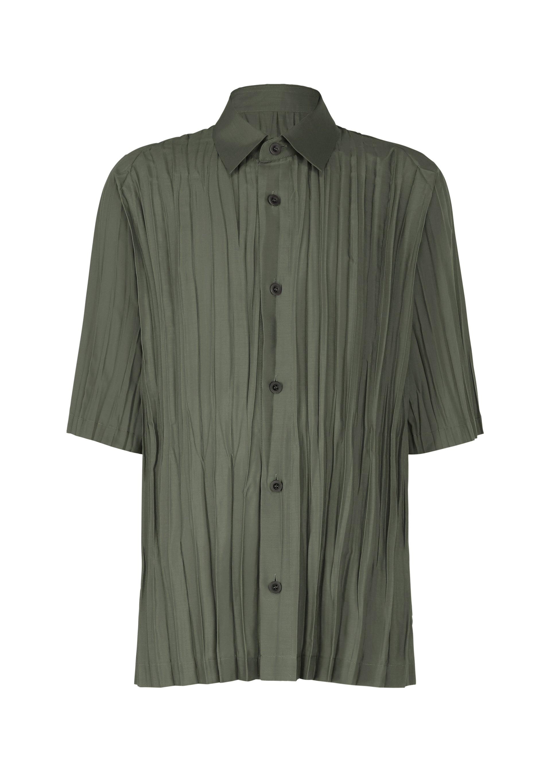 Zoomed view The IM MEN WRINKLE SHIRT is a short-sleeved, button-up olive green shirt with a classic collar and crinkled textured fabric, shown on a plain white background. - CHARCOAL GRAY （no.13）