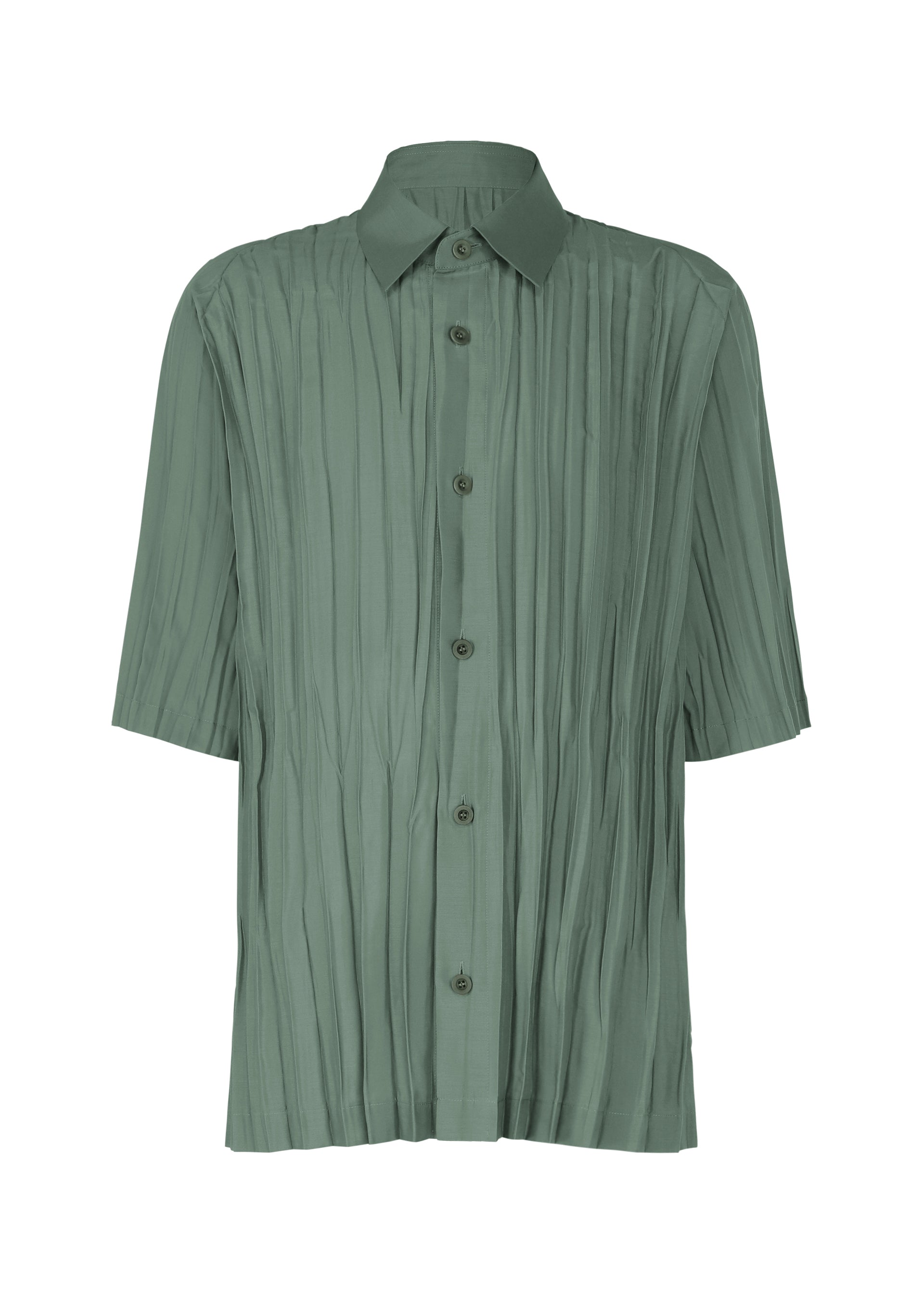 Zoomed view The IM MEN WRINKLE SHIRT is a sage green, short-sleeved button-up with a classic collar and pleated crinkled texture, made from recycled polyester for a natural-feel shirt. - BLUE GRAY （no.16）
