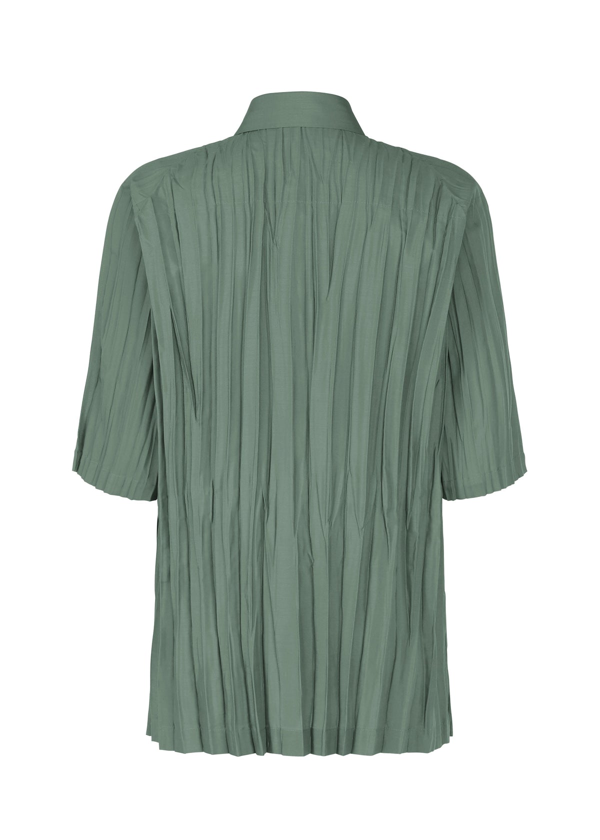 A back view of IM MEN’s WRINKLE SHIRT in sage green recycled polyester, featuring a collar, short sleeves, and vertical pleats for natural texture and a slightly loose fit. view 4 of 9
