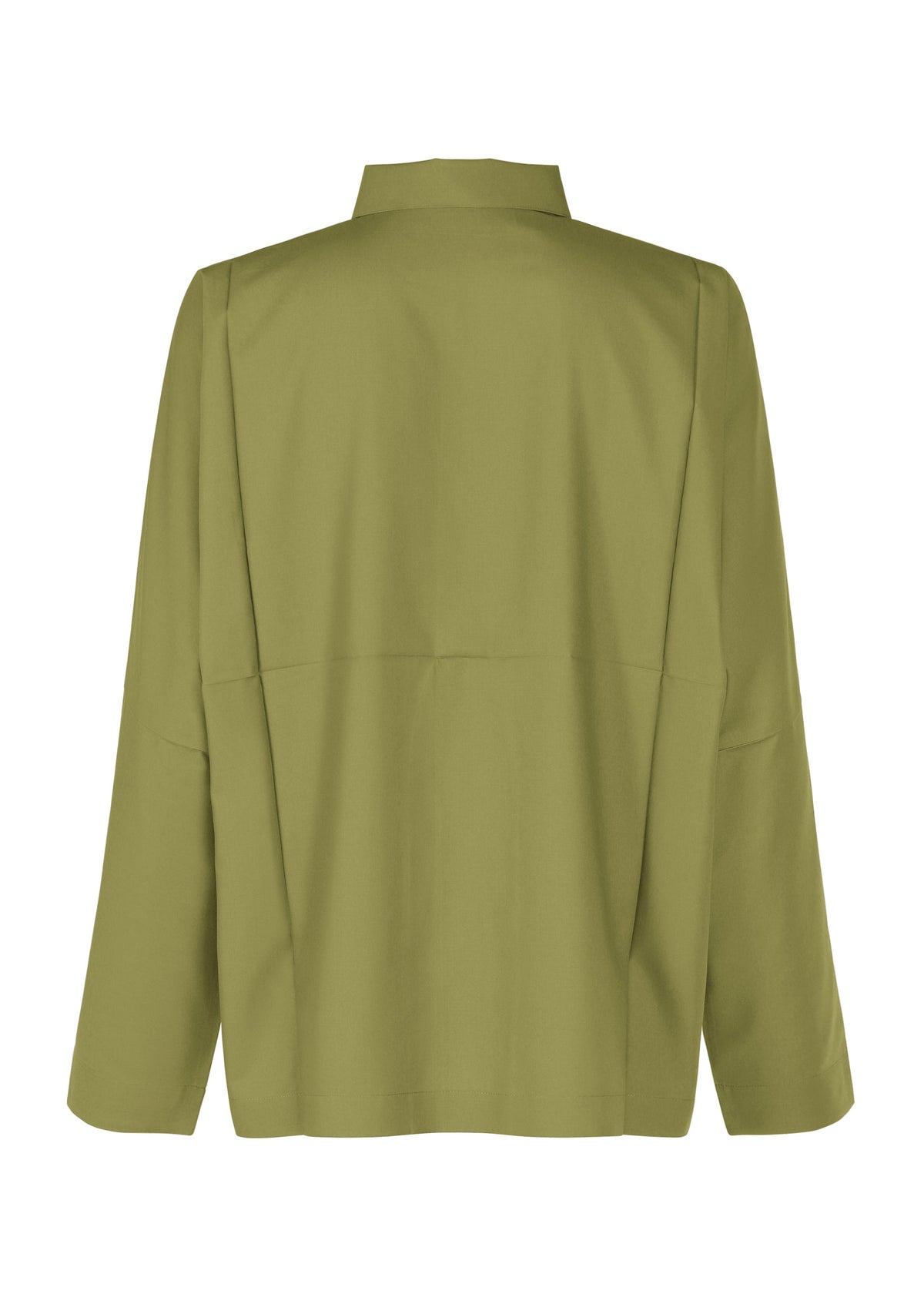 Back view of the IM MEN COMPACT SHIRT in olive green: a washable, long-sleeved shirt jacket with a straight cut, loose fit, simple collar, and minimalist design—no visible buttons, pockets, or embellishments. view 3 of 12