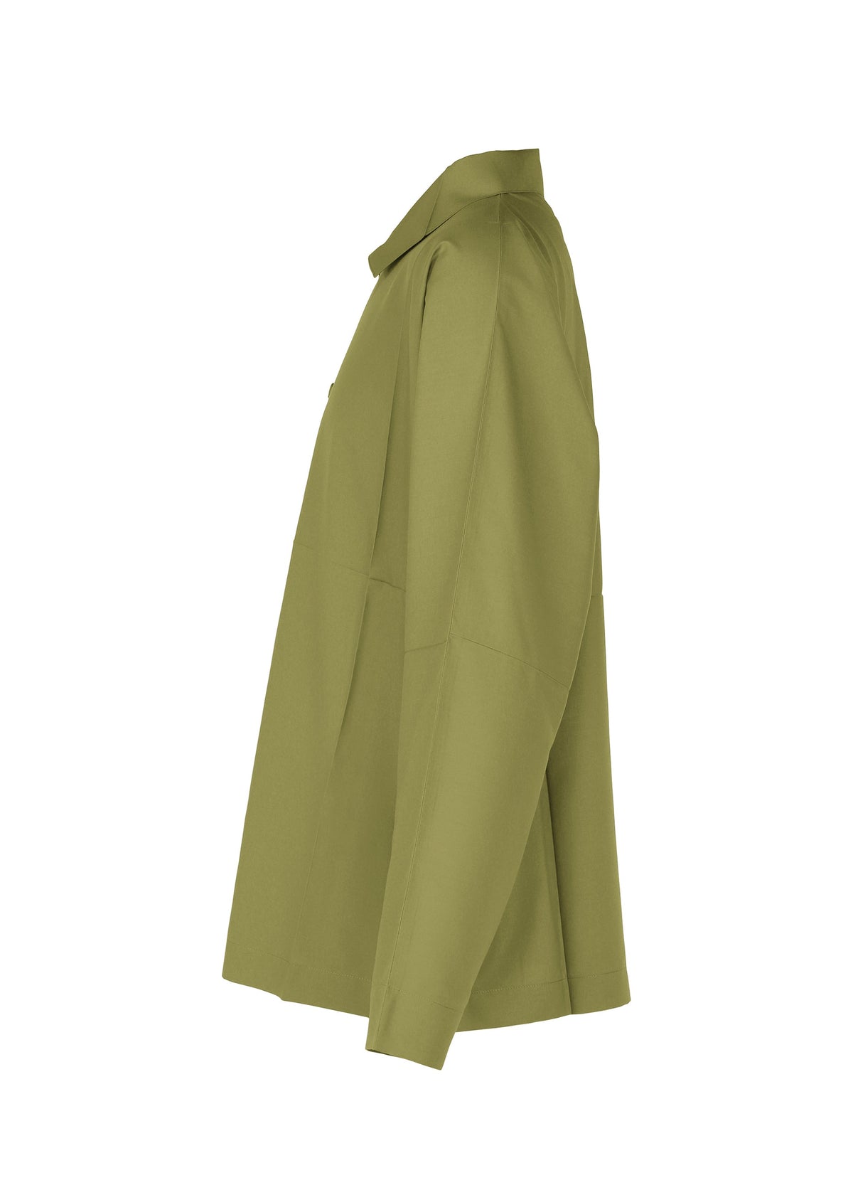 Side view of the IM MEN COMPACT SHIRT, a loose-fitting, wrinkle-resistant olive green shirt with long sleeves and a button-up collar, shown against a plain white background. view 4 of 12