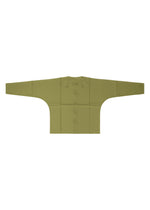 A flat-lay image of the IM MEN COMPACT SHIRT in light olive green, featuring wrinkle-resistant fabric and extended wide sleeves, displayed symmetrically on a white background.
