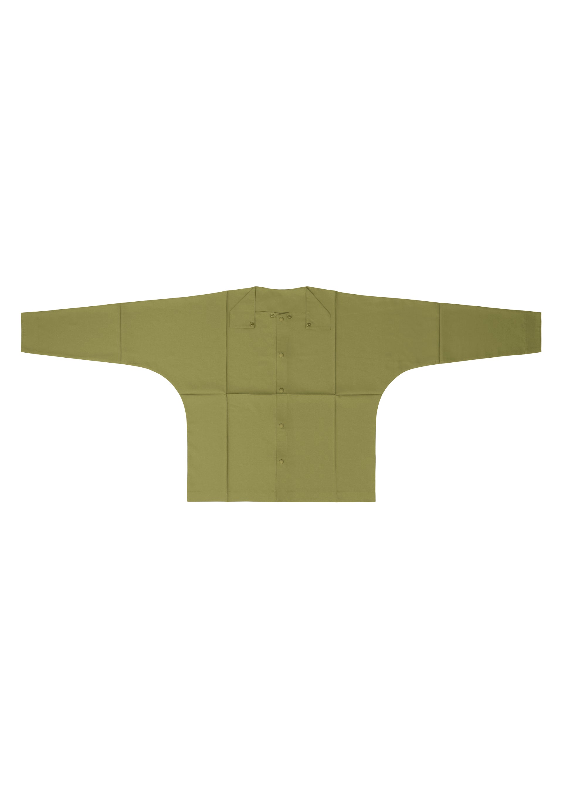 Zoomed view A flat-lay image of the IM MEN COMPACT SHIRT in light olive green, featuring wrinkle-resistant fabric and extended wide sleeves, displayed symmetrically on a white background.