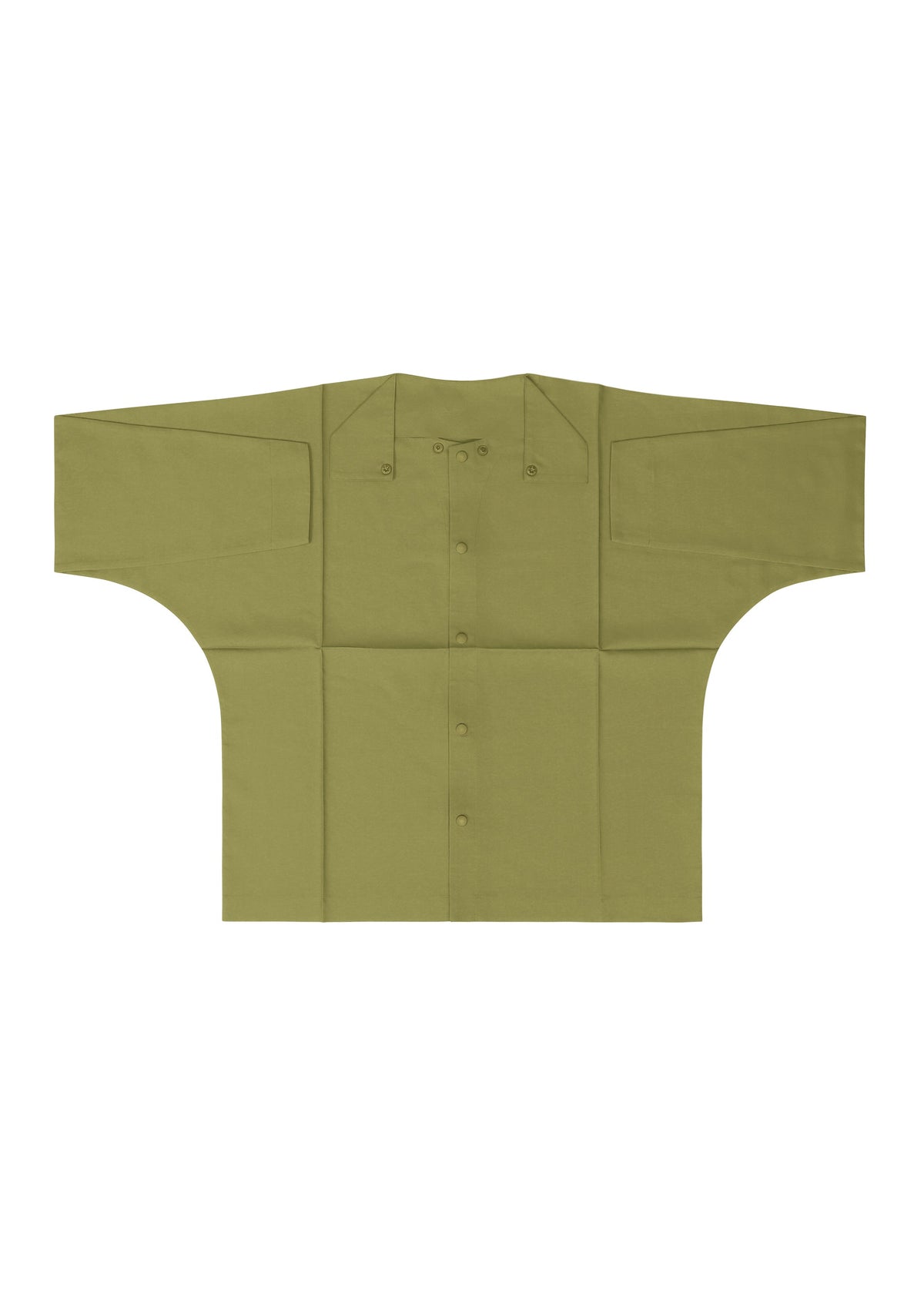 A flat lay of the IM MEN COMPACT SHIRT in olive green, wrinkle-resistant with wide straight sleeves and snap buttons down the front, displayed on a white background. view 6 of 12