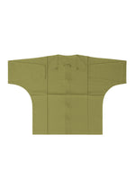 A flat lay of the IM MEN COMPACT SHIRT in olive green, wrinkle-resistant with wide straight sleeves and snap buttons down the front, displayed on a white background.