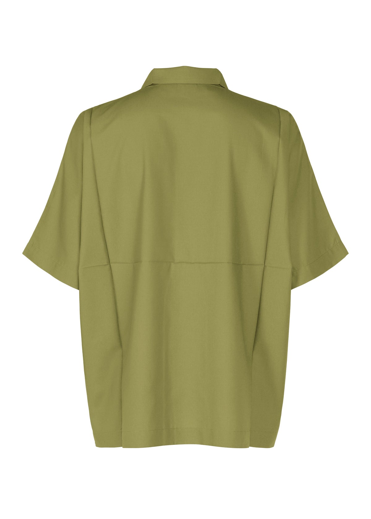 Back view of the IM MEN COMPACT SHIRT, a boxy-fit, short-sleeve shirt in olive green with geometric structure, collared design, and horizontal seam across the upper back. view 3 of 11