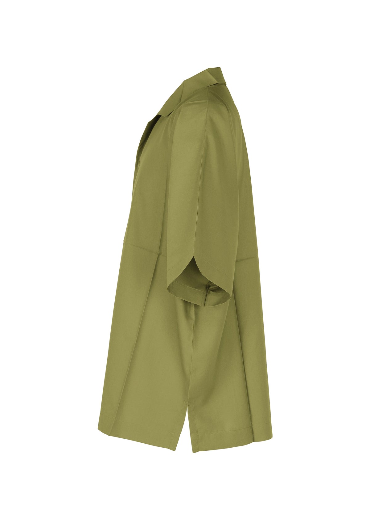 Side view of the IM MEN COMPACT SHIRT in olive green, featuring short sleeves, a pointed collar, loose fit, and wrinkle-resistant fabric. Displayed against a white background. view 4 of 11