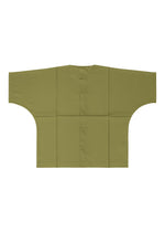A flat-lay of the olive green COMPACT SHIRT by IM MEN, featuring wide sleeves, a V-neck, front buttons, and made from an easy-care washable fabric, displayed on a white background.