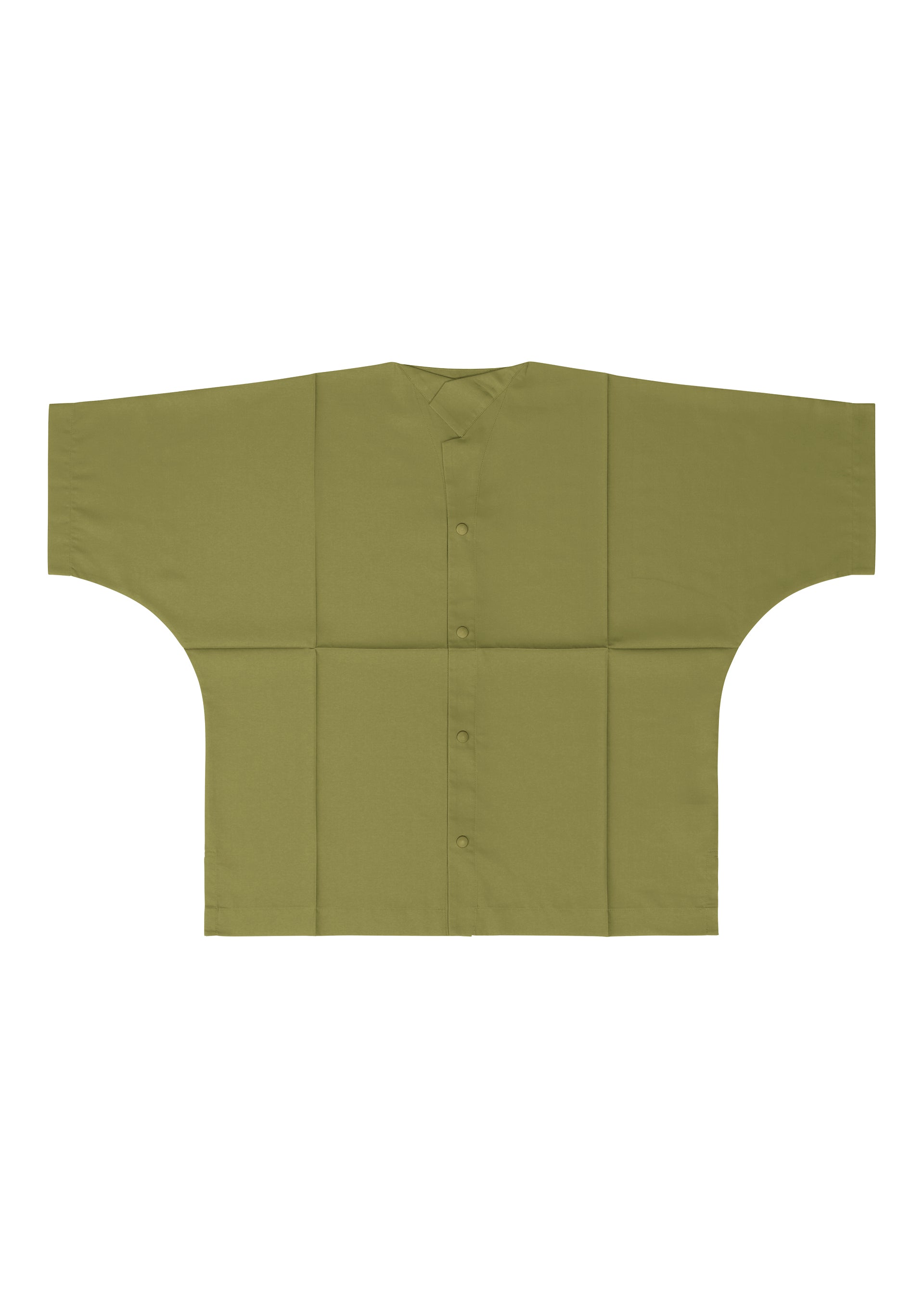 Zoomed view A flat-lay of the olive green COMPACT SHIRT by IM MEN, featuring wide sleeves, a V-neck, front buttons, and made from an easy-care washable fabric, displayed on a white background.