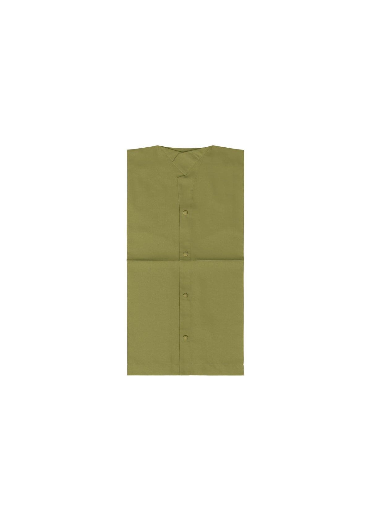The COMPACT SHIRT by IM MEN is an olive green, collarless geometric structure shirt made from washable fabric, shown neatly folded against a plain white background. view 6 of 11