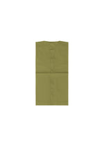 The COMPACT SHIRT by IM MEN is an olive green, collarless geometric structure shirt made from washable fabric, shown neatly folded against a plain white background.