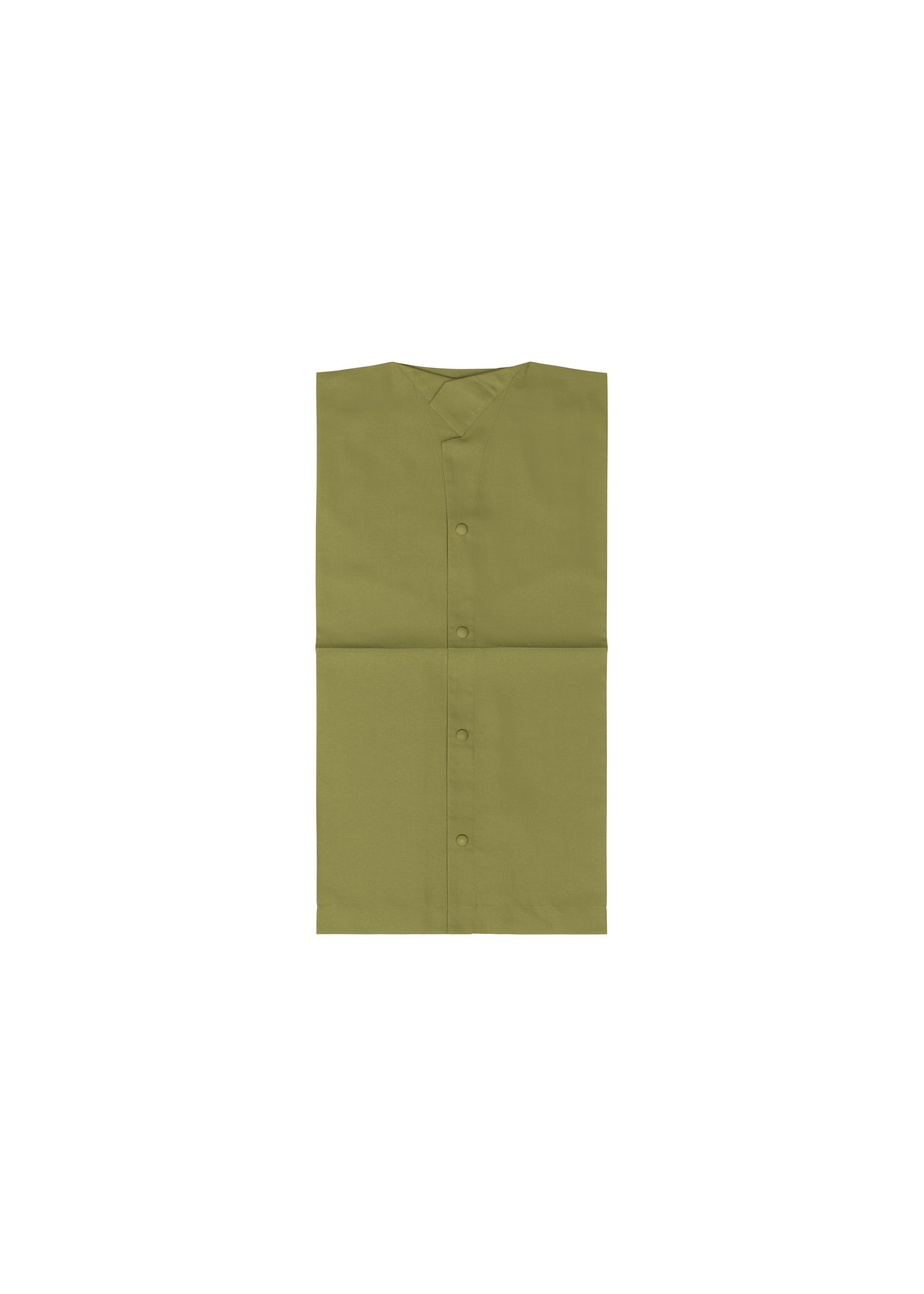 Zoomed view The COMPACT SHIRT by IM MEN is an olive green, collarless geometric structure shirt made from washable fabric, shown neatly folded against a plain white background.