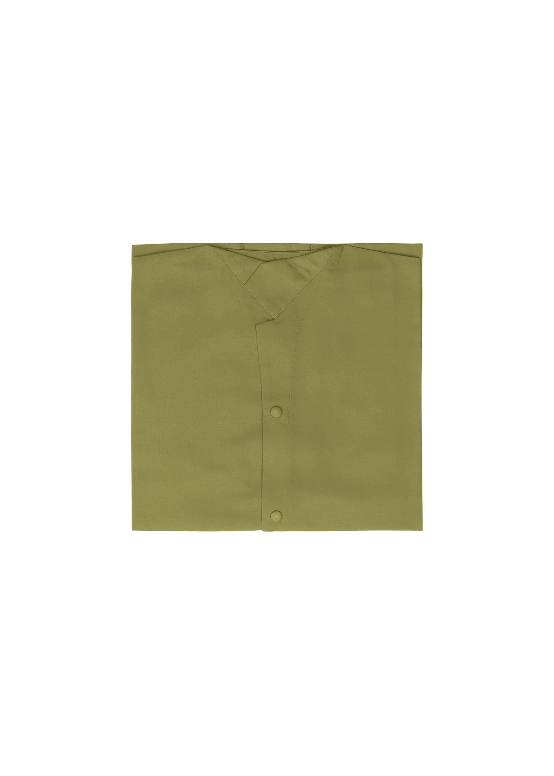 Zoomed view The IM MEN COMPACT SHIRT in olive green features a wrinkle-resistant finish, folded V-neck, and snap buttons, shown neatly arranged against a plain white background.