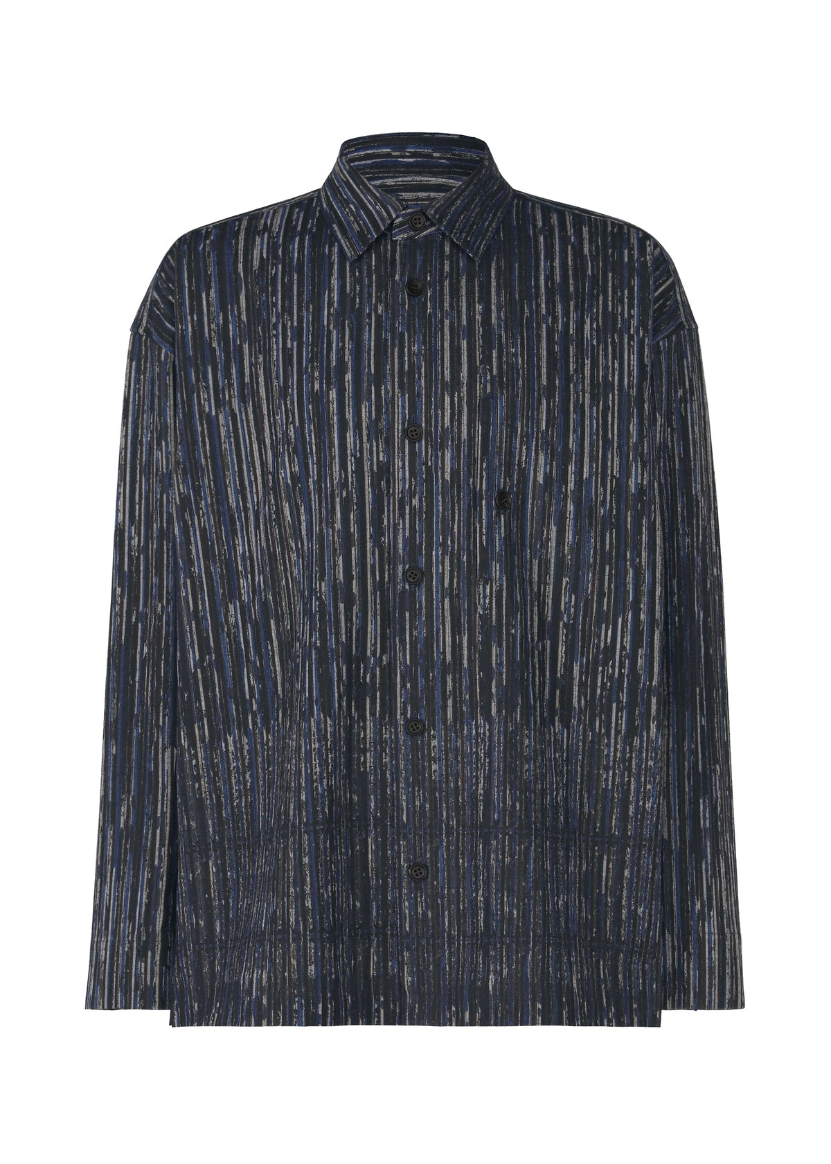The CURVINESS SHIRT by IM MEN is a long-sleeved, button-up shirt with a collar, showcasing a dark blue and gray digital print with a textured striped pattern. view 1 of 8