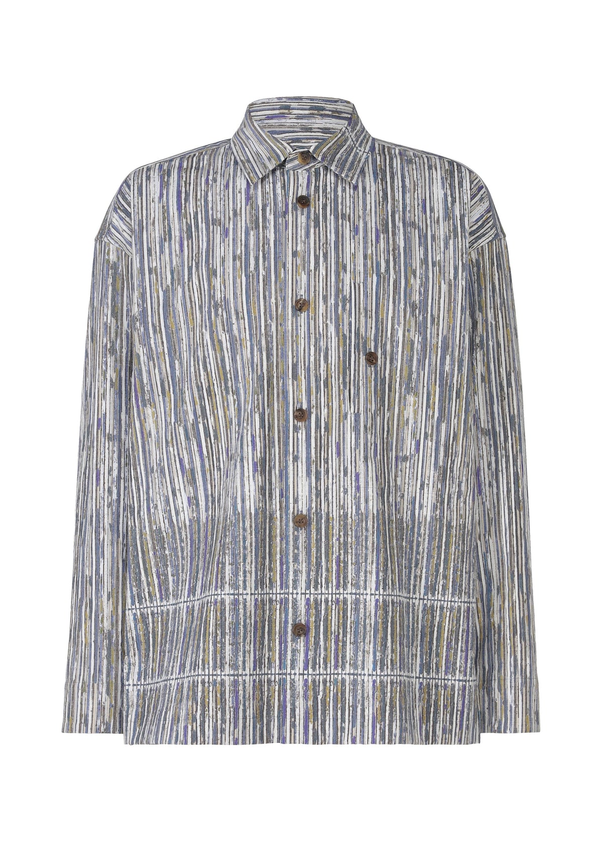 The IM MEN CURVINESS SHIRT is a long-sleeved, collared button-up featuring a textured striped pattern in blue, white, and tan hues. Inspired by Shoji Kamoda, it has brown front buttons for a distinctive look. view 2 of 8
