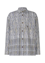 The IM MEN CURVINESS SHIRT is a long-sleeved, collared button-up featuring a textured striped pattern in blue, white, and tan hues. Inspired by Shoji Kamoda, it has brown front buttons for a distinctive look. - LIGHT BLUE （no.70）