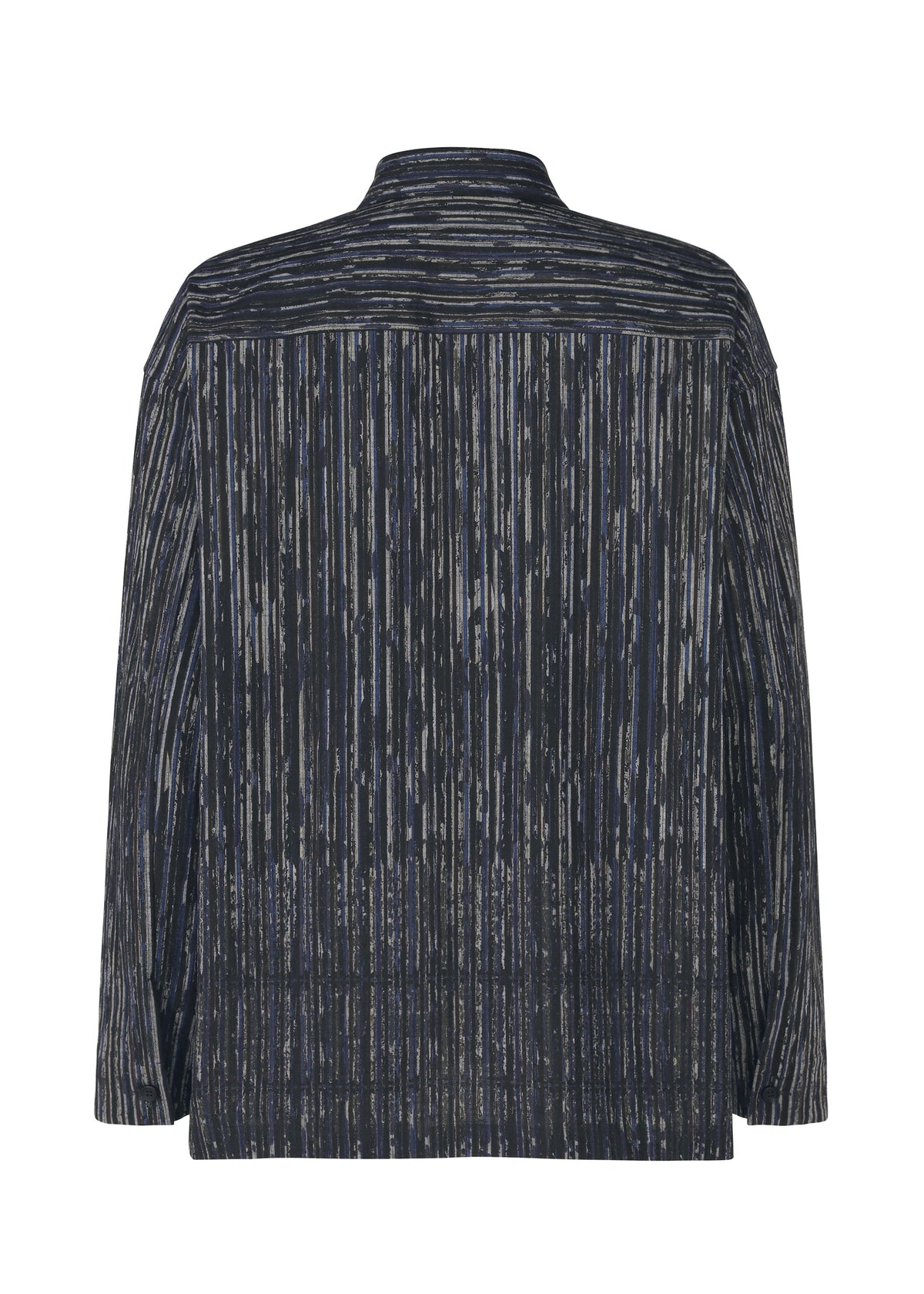 Back view of the IM MEN CURVINESS SHIRT, a long-sleeved, straight-fit shirt with collar, showcasing dark blue and gray vertical stripes inspired by ceramic artist Shoji Kamoda. view 3 of 8