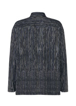 Back view of the IM MEN CURVINESS SHIRT, a long-sleeved, straight-fit shirt with collar, showcasing dark blue and gray vertical stripes inspired by ceramic artist Shoji Kamoda.