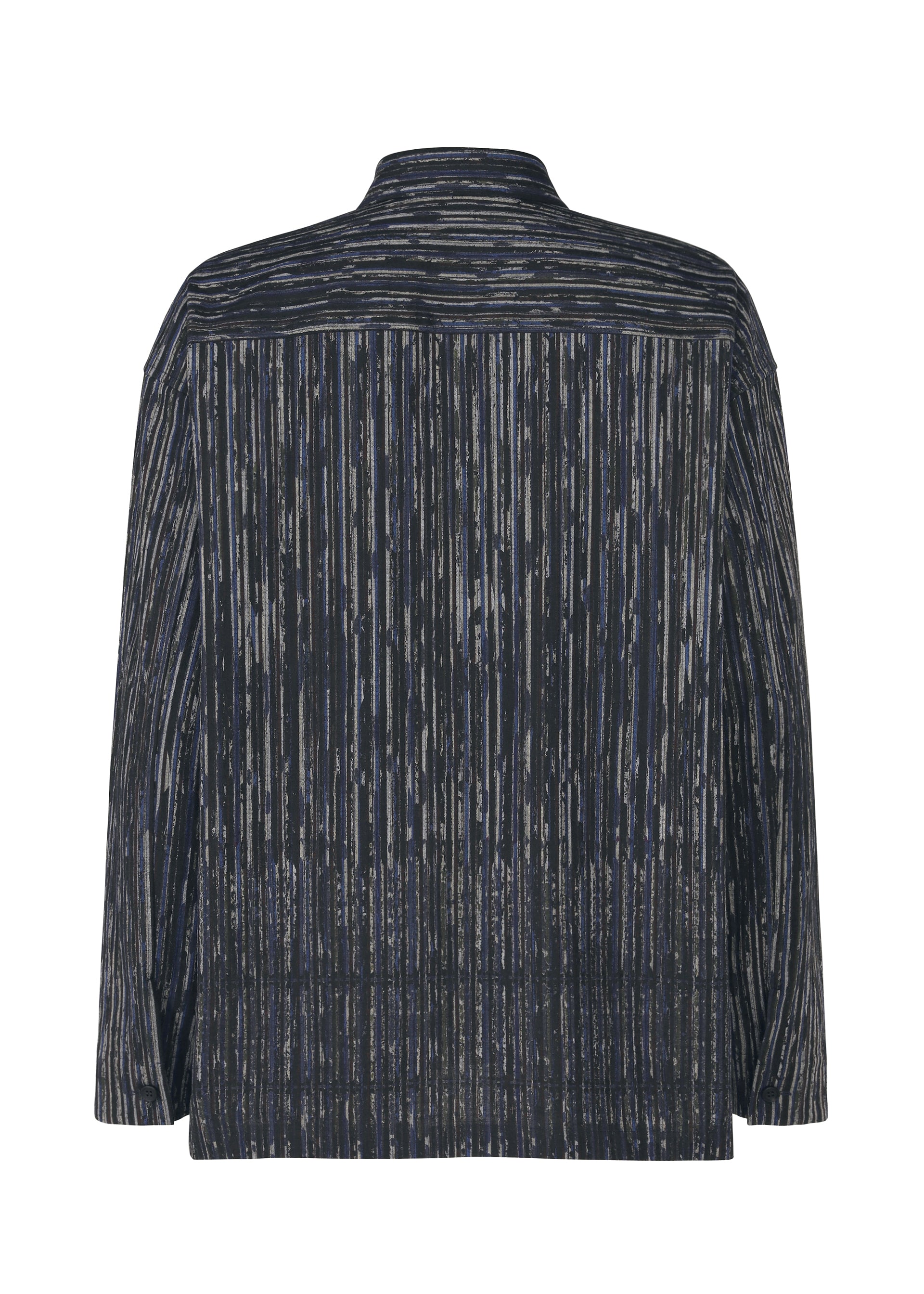 Zoomed view Back view of the IM MEN CURVINESS SHIRT, a long-sleeved, straight-fit shirt with collar, showcasing dark blue and gray vertical stripes inspired by ceramic artist Shoji Kamoda.
