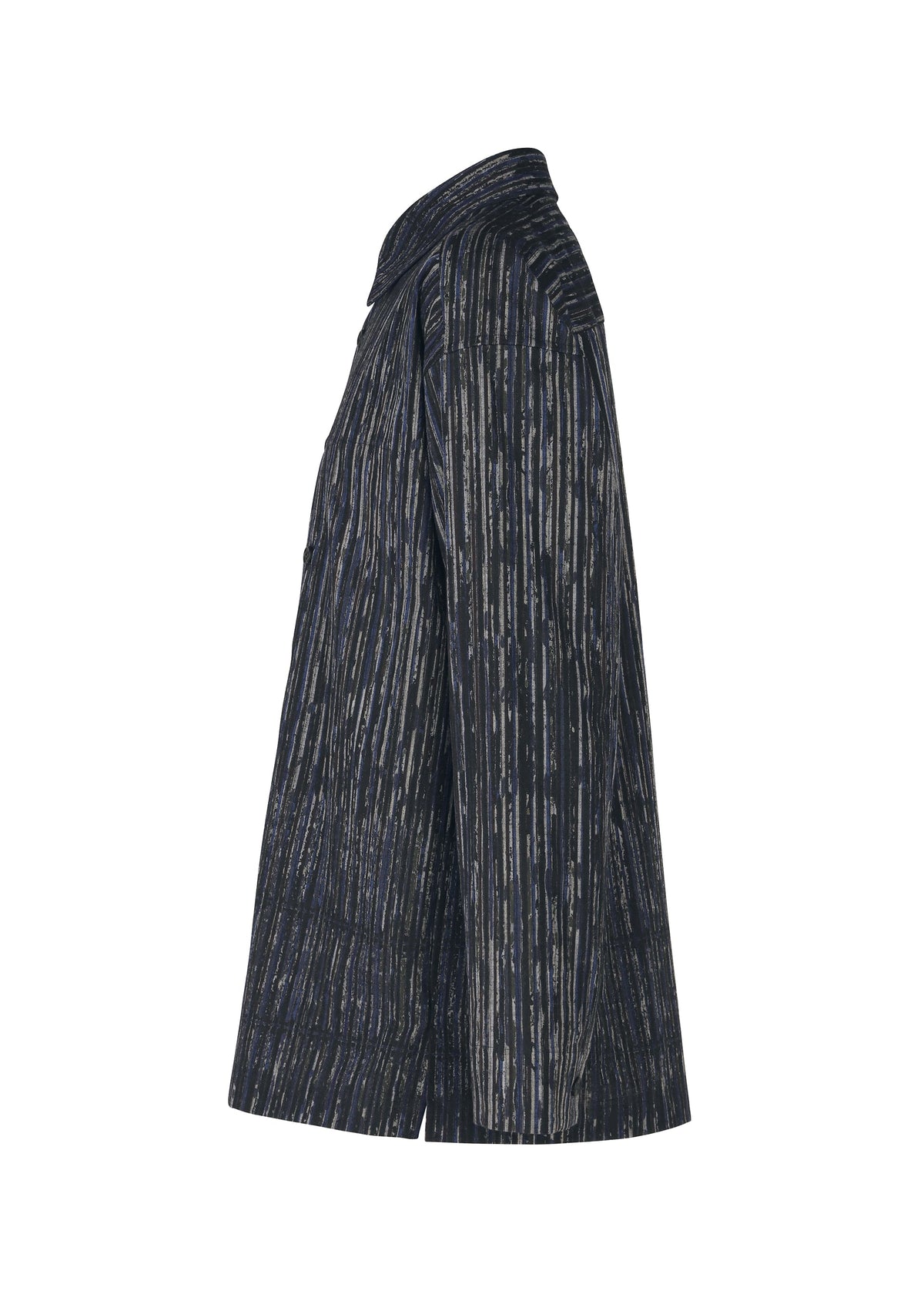 Side view of the CURVINESS SHIRT by IM MEN—a dark-colored, long-sleeve shirt with vertical white and gray pinstripes—shown against a plain white background. view 4 of 8