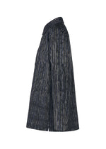 Side view of the CURVINESS SHIRT by IM MEN—a dark-colored, long-sleeve shirt with vertical white and gray pinstripes—shown against a plain white background.