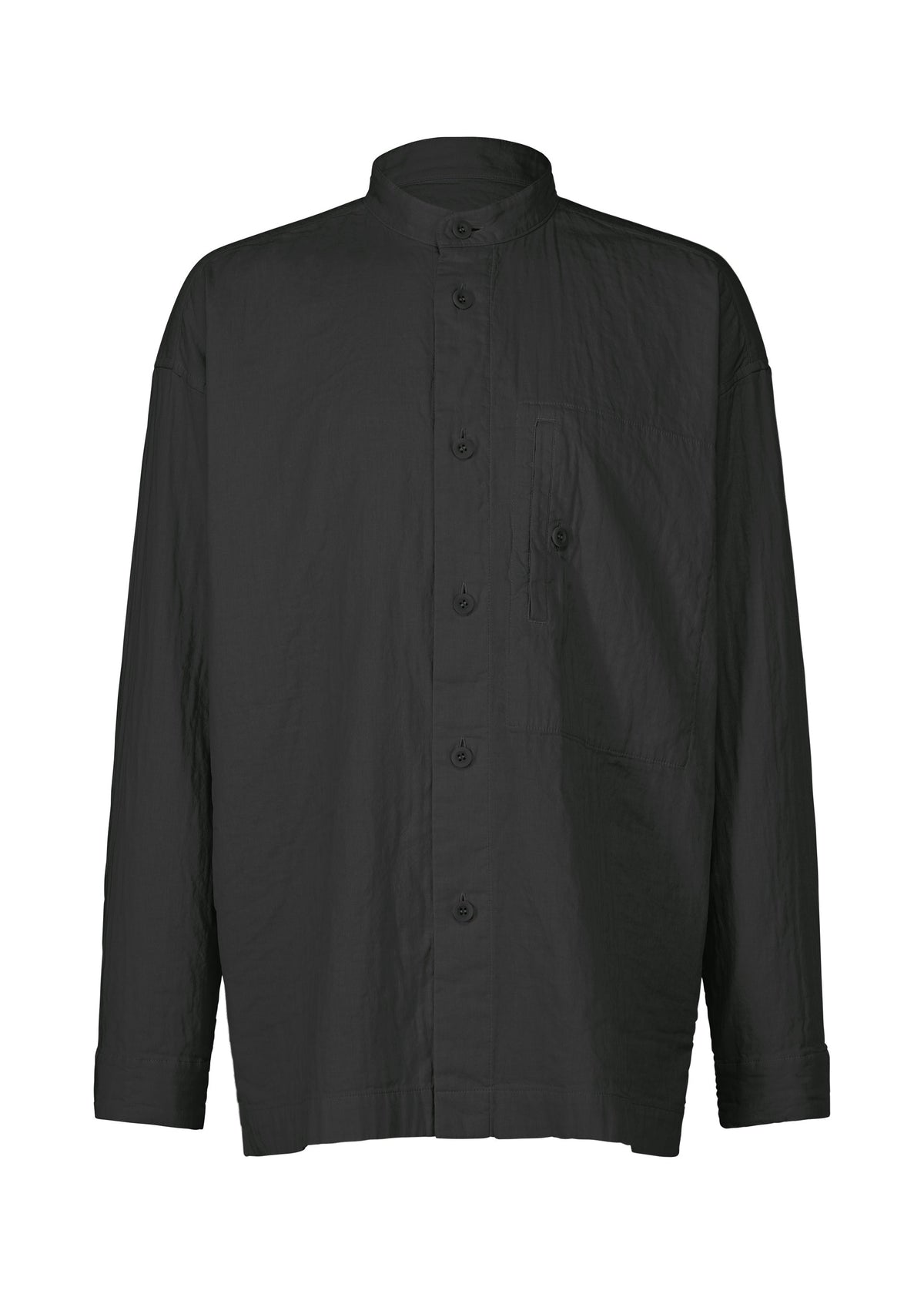 The IM MEN DOUBLE FACE COTTON SHIRT is a black, long-sleeve button-up with a standing collar and single chest pocket, crafted from double-woven cotton for subtle fluffiness, shown against a white background. view 1 of 7