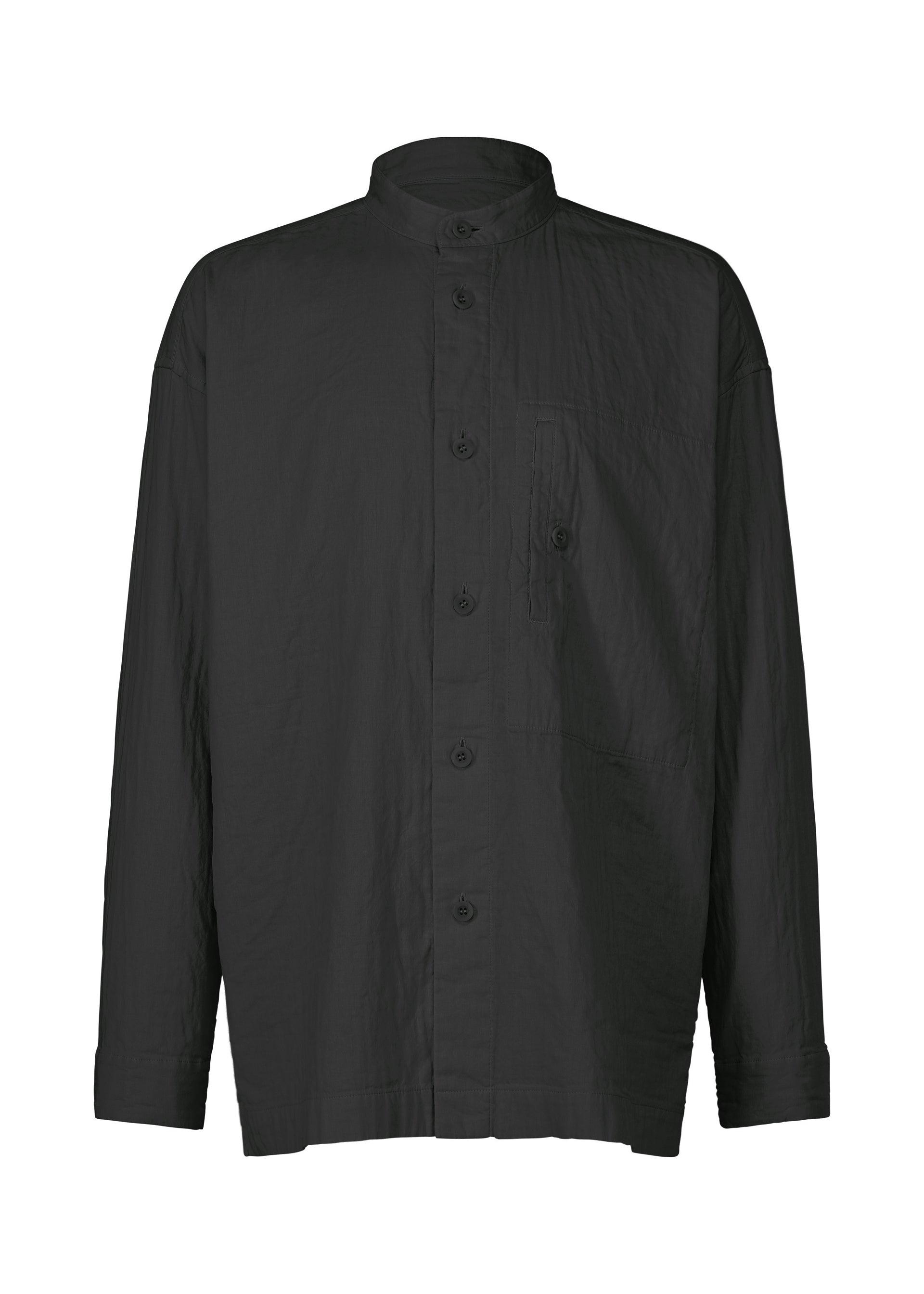 Zoomed view The IM MEN DOUBLE FACE COTTON SHIRT is a black, long-sleeve button-up with a standing collar and single chest pocket, crafted from double-woven cotton for subtle fluffiness, shown against a white background. - BLACK （no.15）