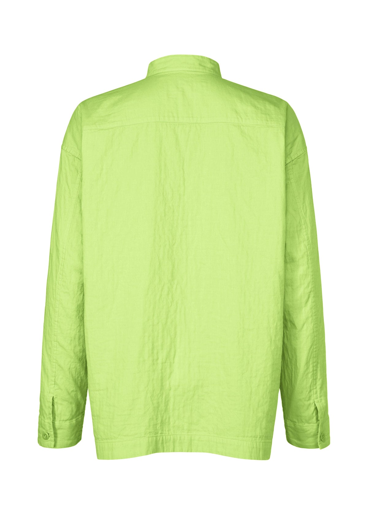 The IM MEN DOUBLE FACE COTTON SHIRT is shown from the back in bright lime green. It features a straight collar, buttoned cuffs, and lightweight double-woven cotton with a slightly fluffy texture, set against a plain white background. view 2 of 7